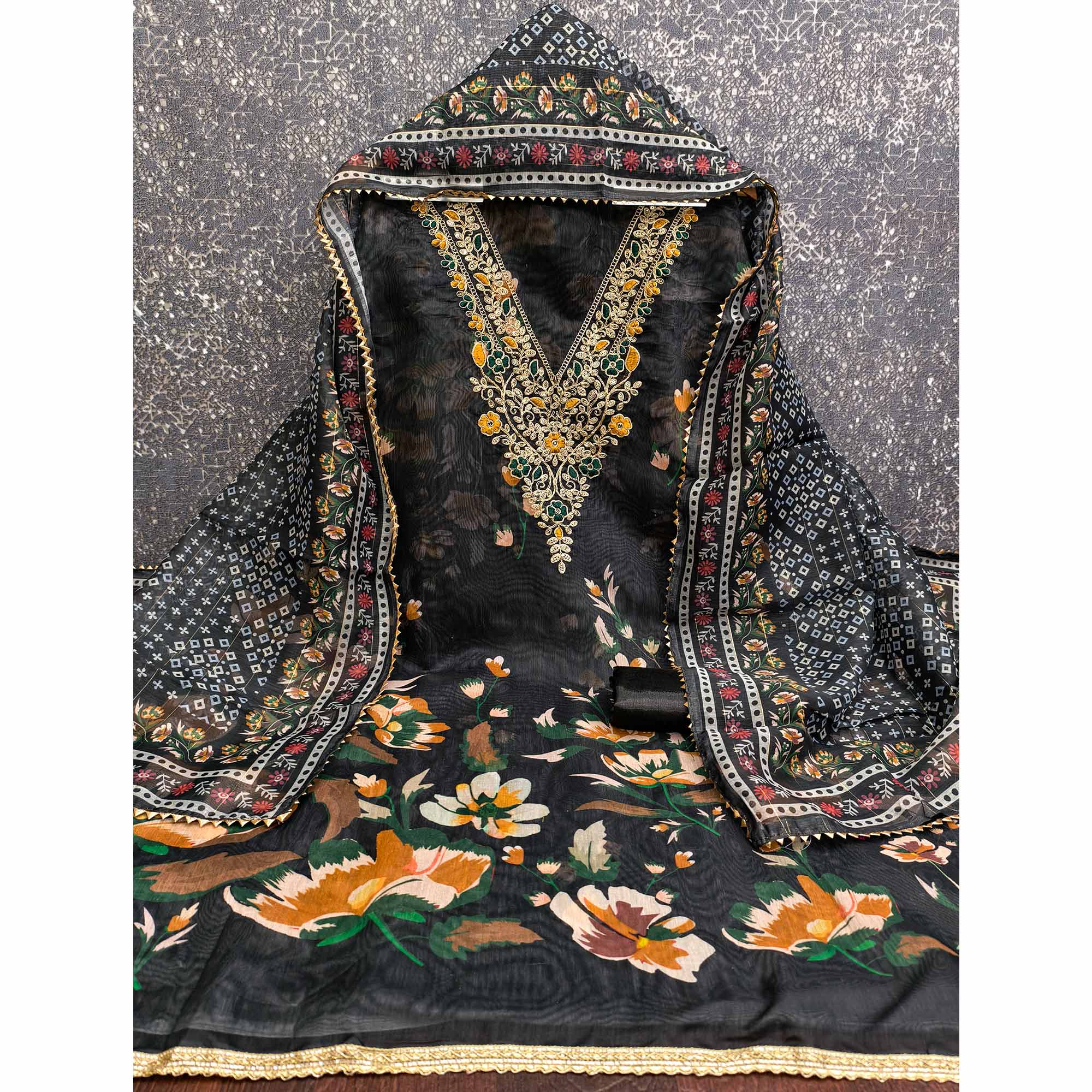 Black Chanderi Silk Dress Material With Digital Floral Print & Cording Embroidery Work