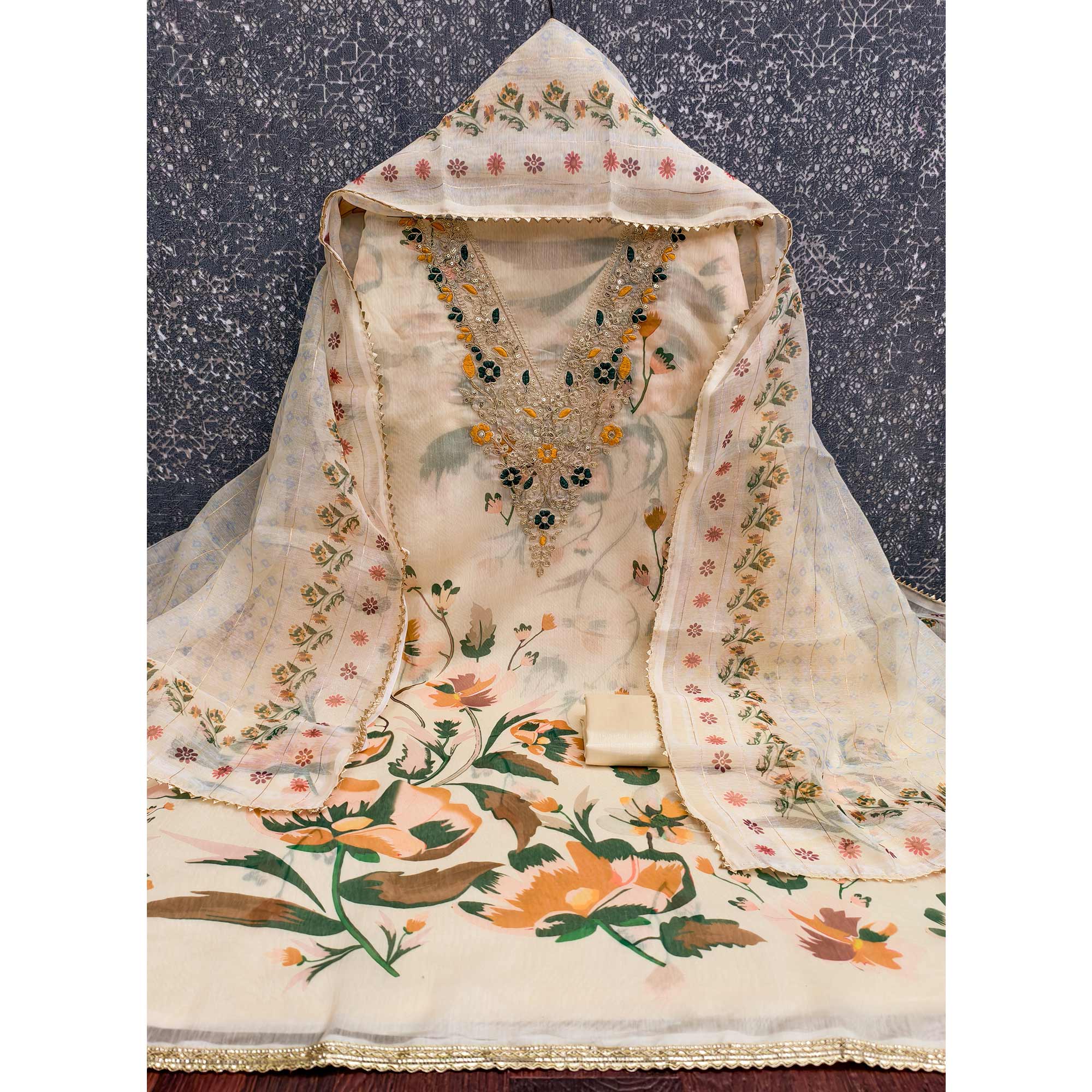 Cream Chanderi Silk Dress Material With Digital Floral Print & Cording Embroidery Work