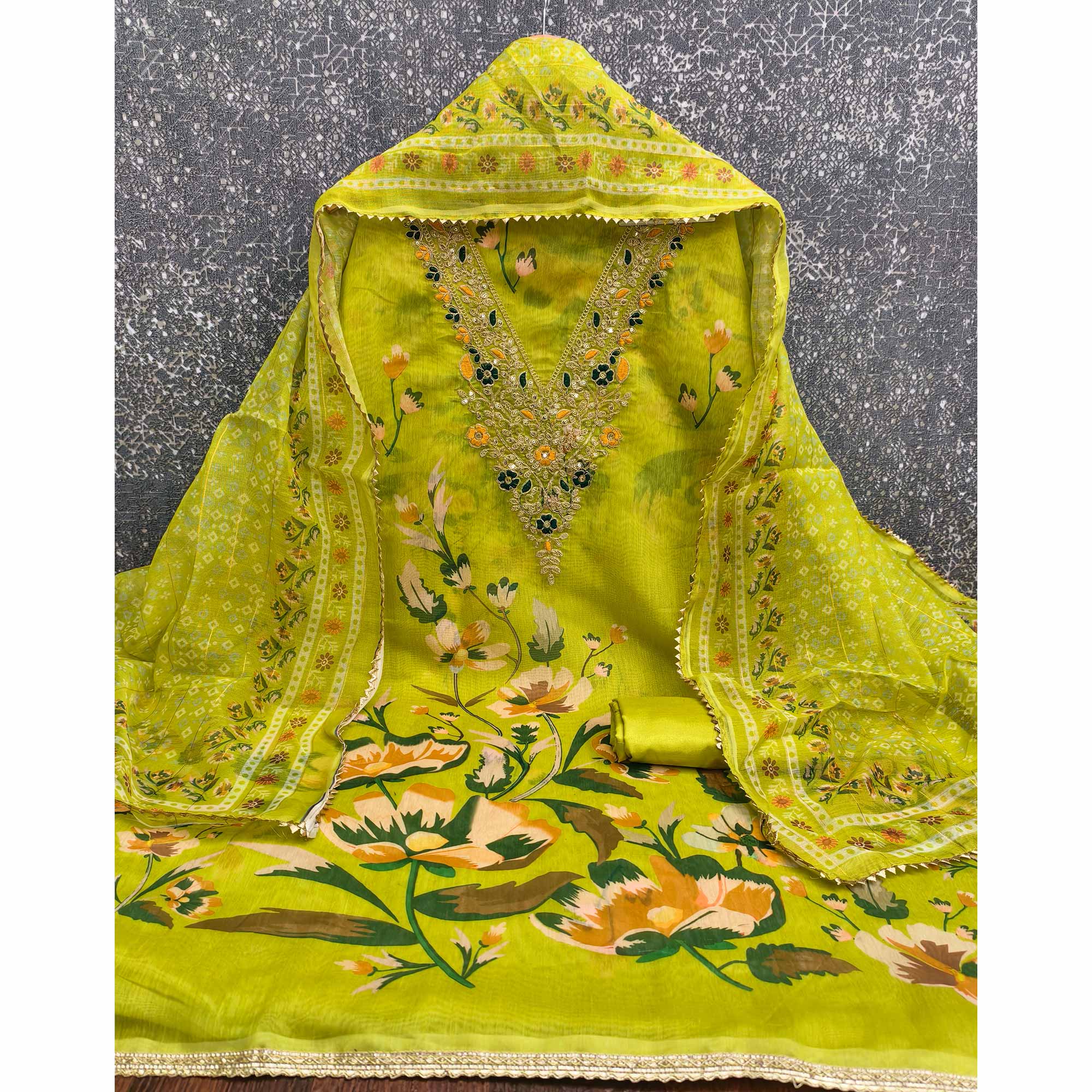 Green Chanderi Silk Dress Material With Digital Floral Print & Cording Embroidery Work