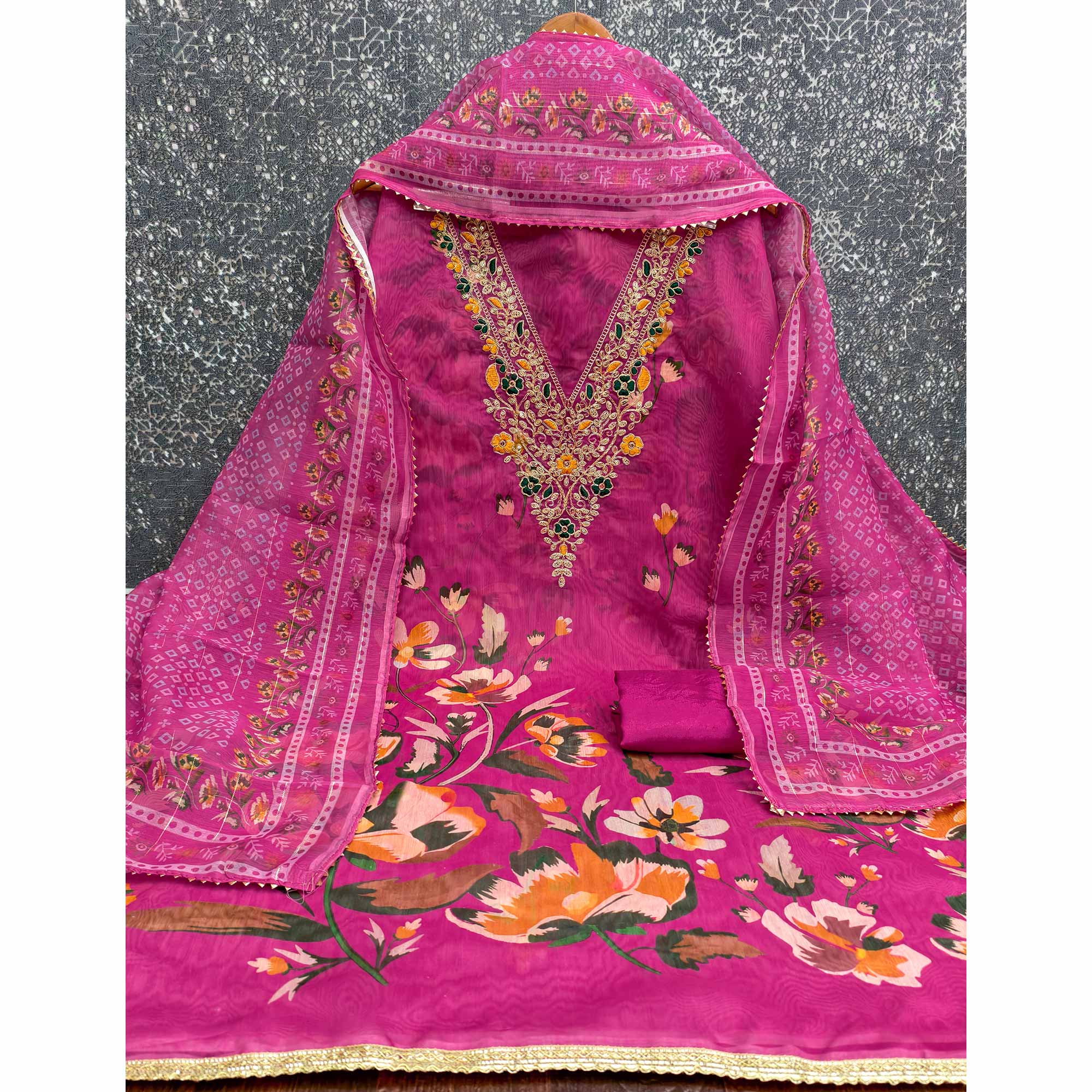 Rani Pink Chanderi Silk Dress Material With Digital Floral Print & Cording Embroidery Work
