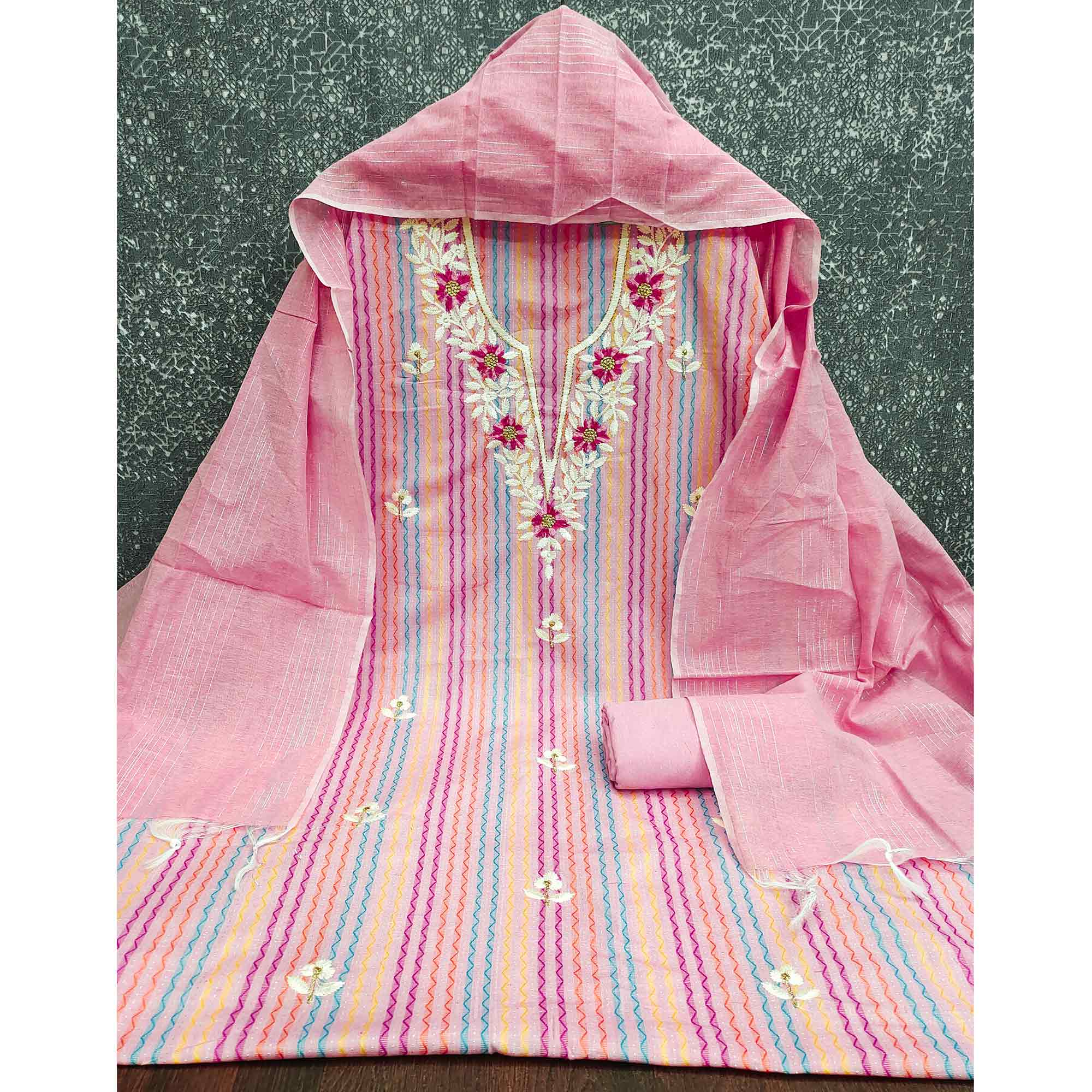 Pink Cotton Blend Dress Material Highlighted With Floral Embroidery & Modern Stripes