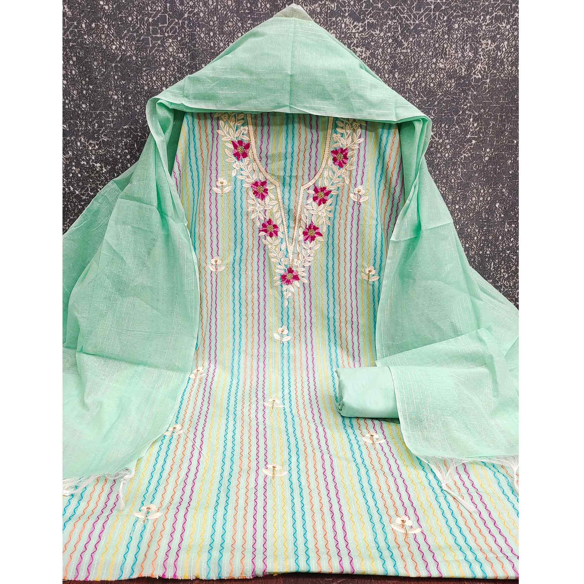 Sea Green Cotton Blend Dress Material Highlighted With Floral Embroidery & Modern Stripes
