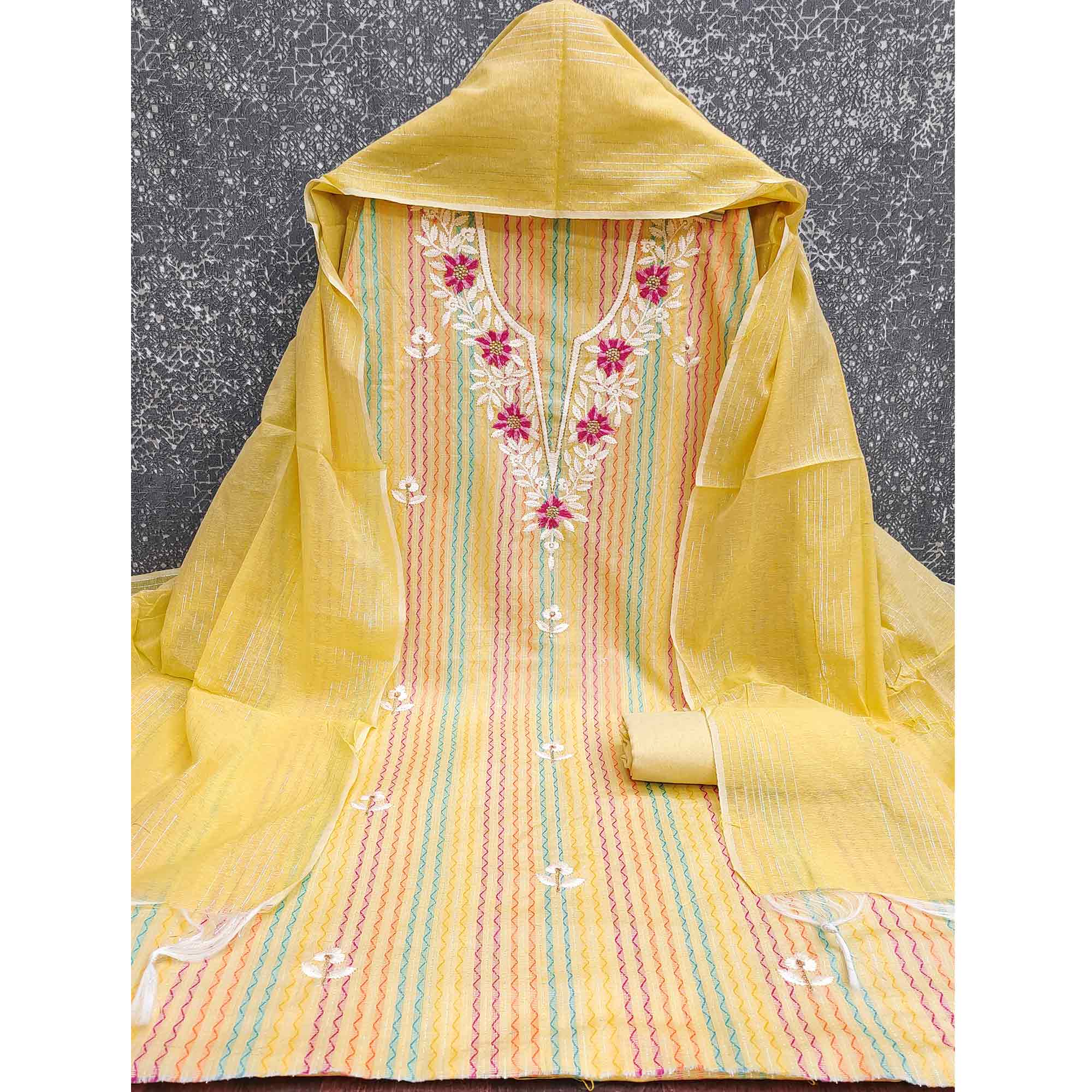 Yellow Cotton Blend Dress Material Highlighted With Floral Embroidery & Modern Stripes