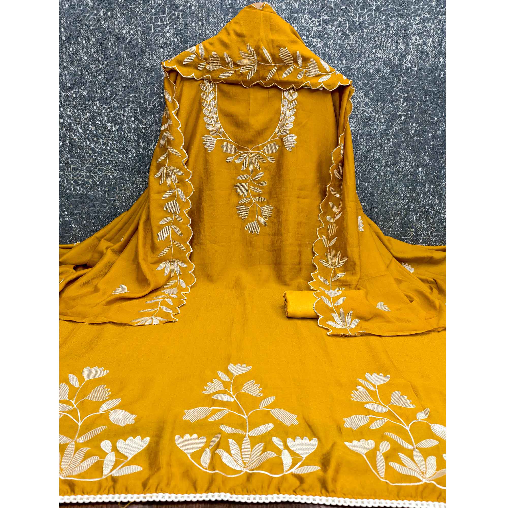 Mustard Vichitra Silk Dress Material Accented With Delicate Floral Thread Embroidery & Sequins