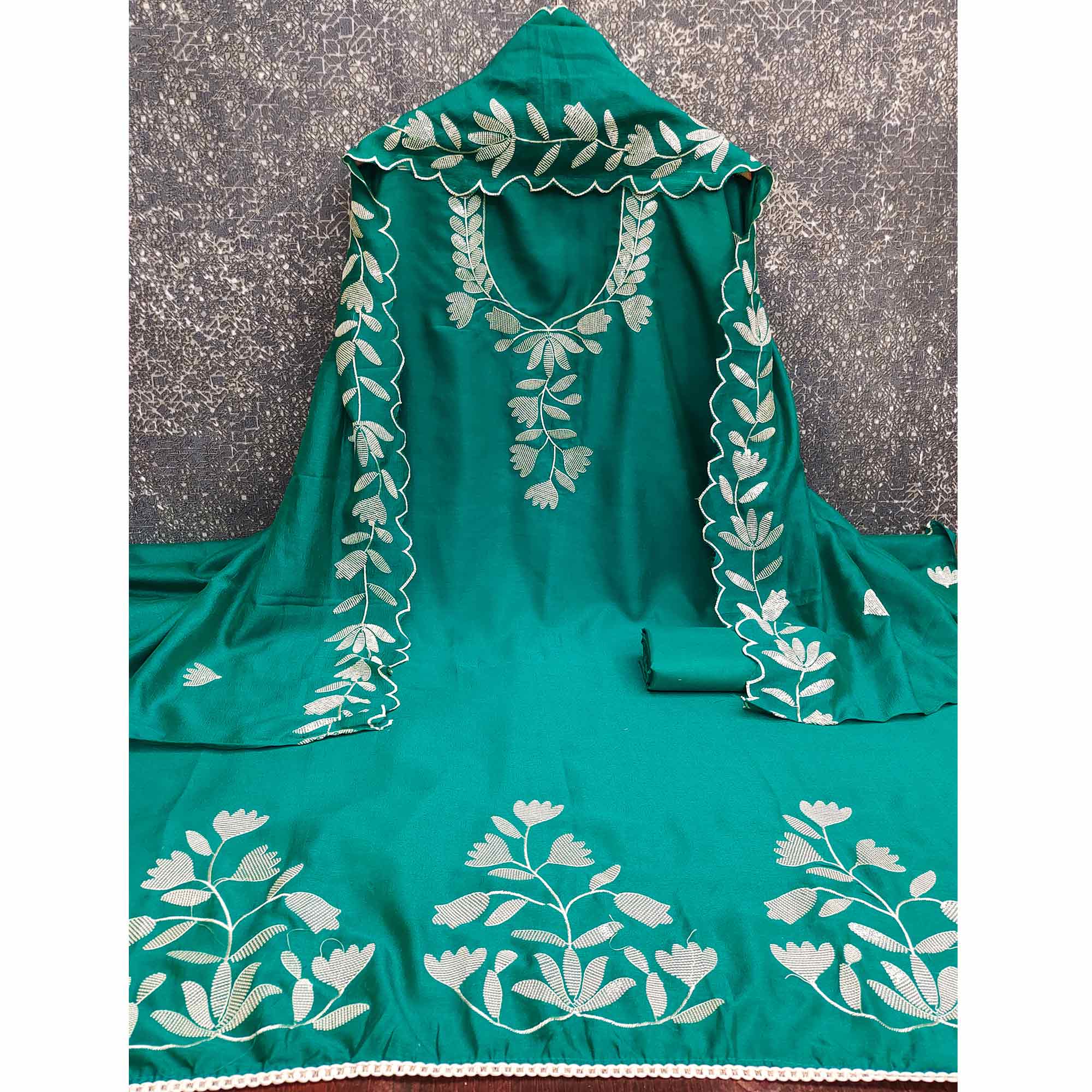 Rama Green Vichitra Silk Dress Material Accented With Delicate Floral Thread Embroidery & Sequins