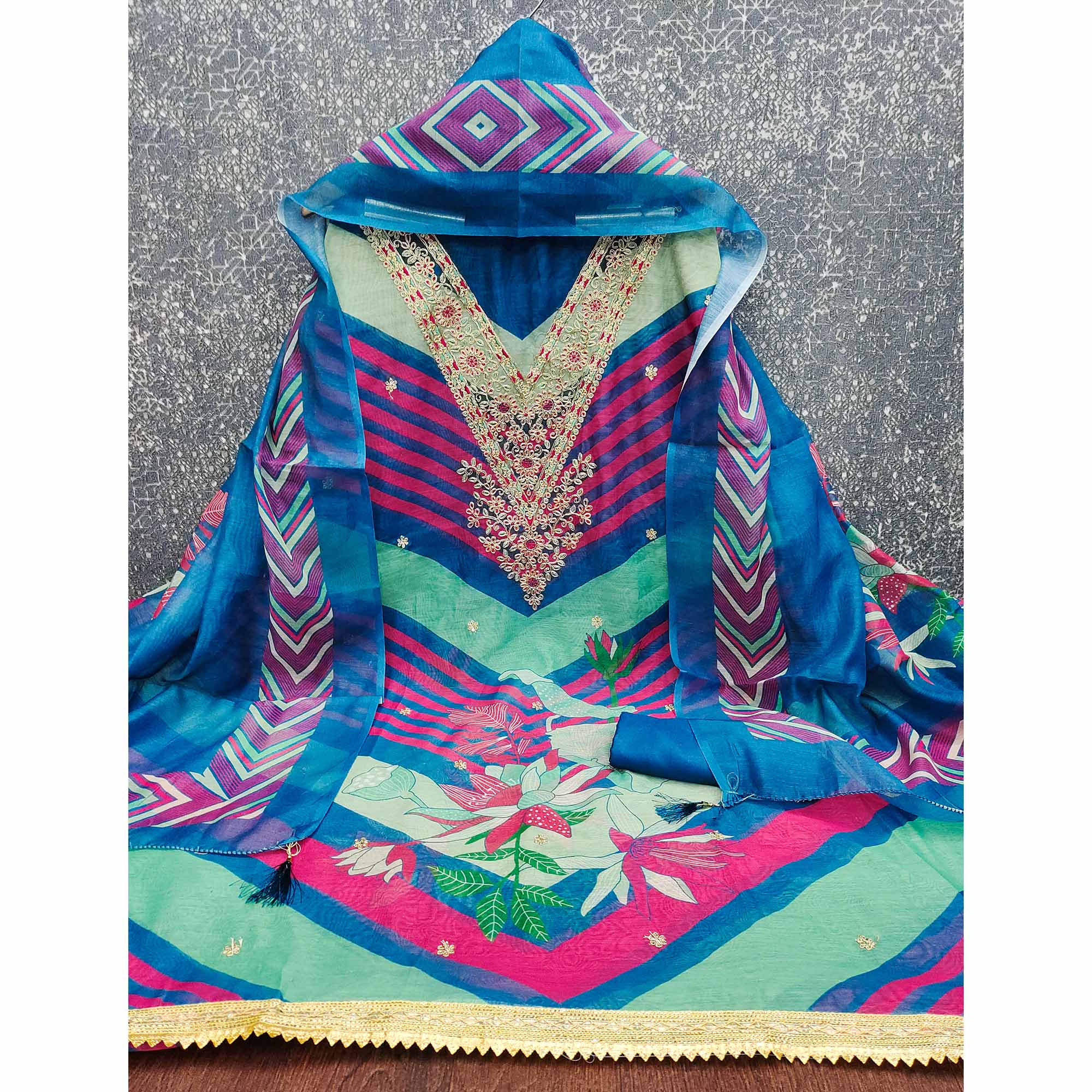 Blue Floral Digital Printed With Cording Embroidered Vichitra Silk Dress Material