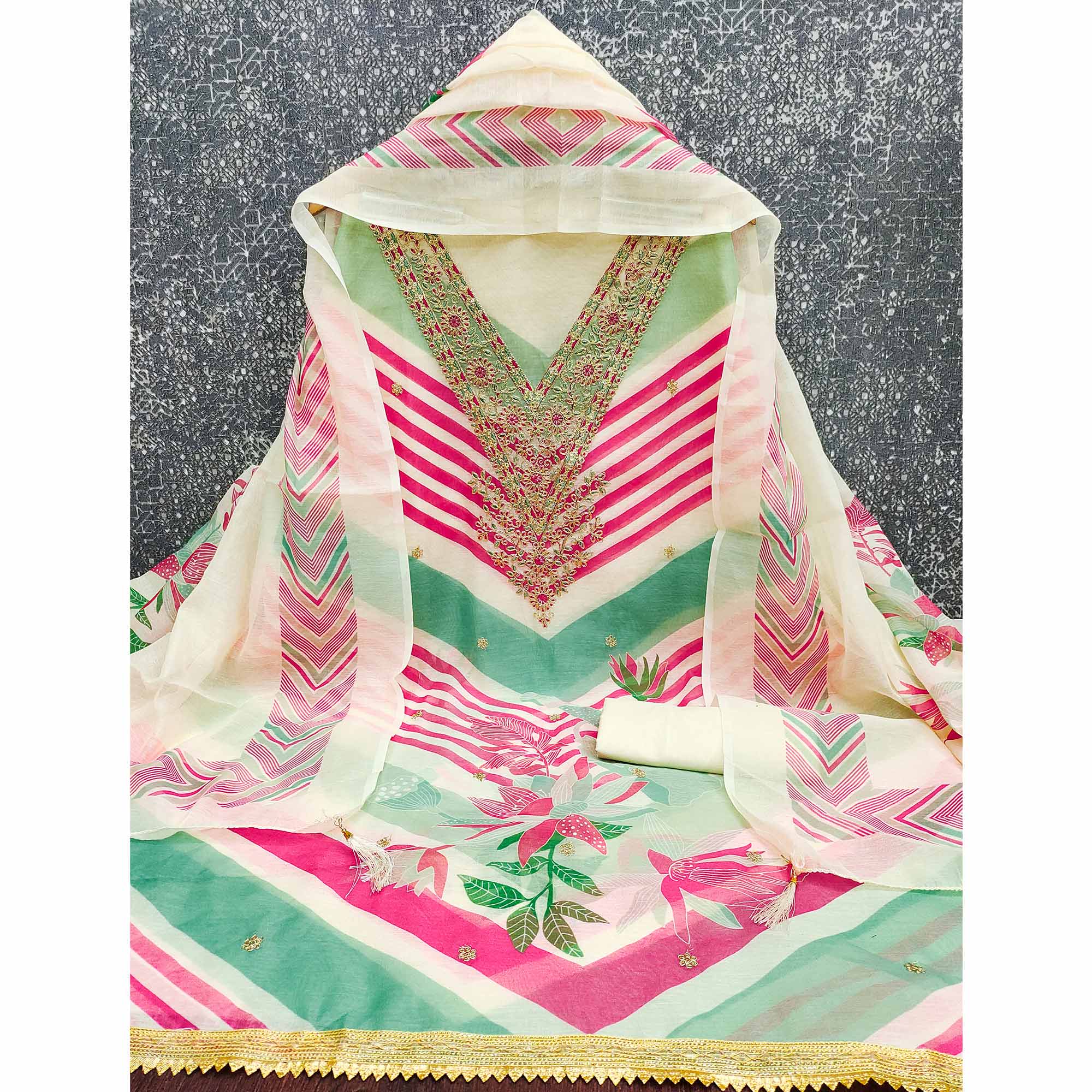 Cream Floral Digital Printed With Cording Embroidered Vichitra Silk Dress Material