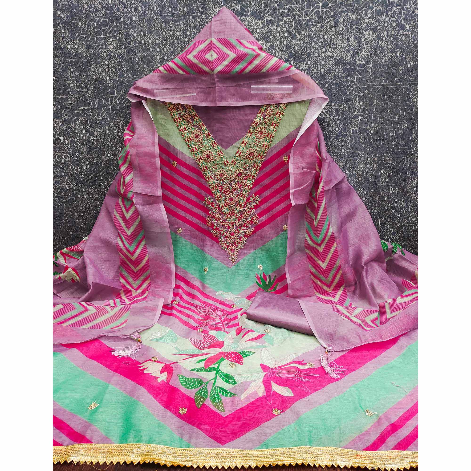 Lavender Floral Digital Printed With Cording Embroidered Vichitra Silk Dress Material