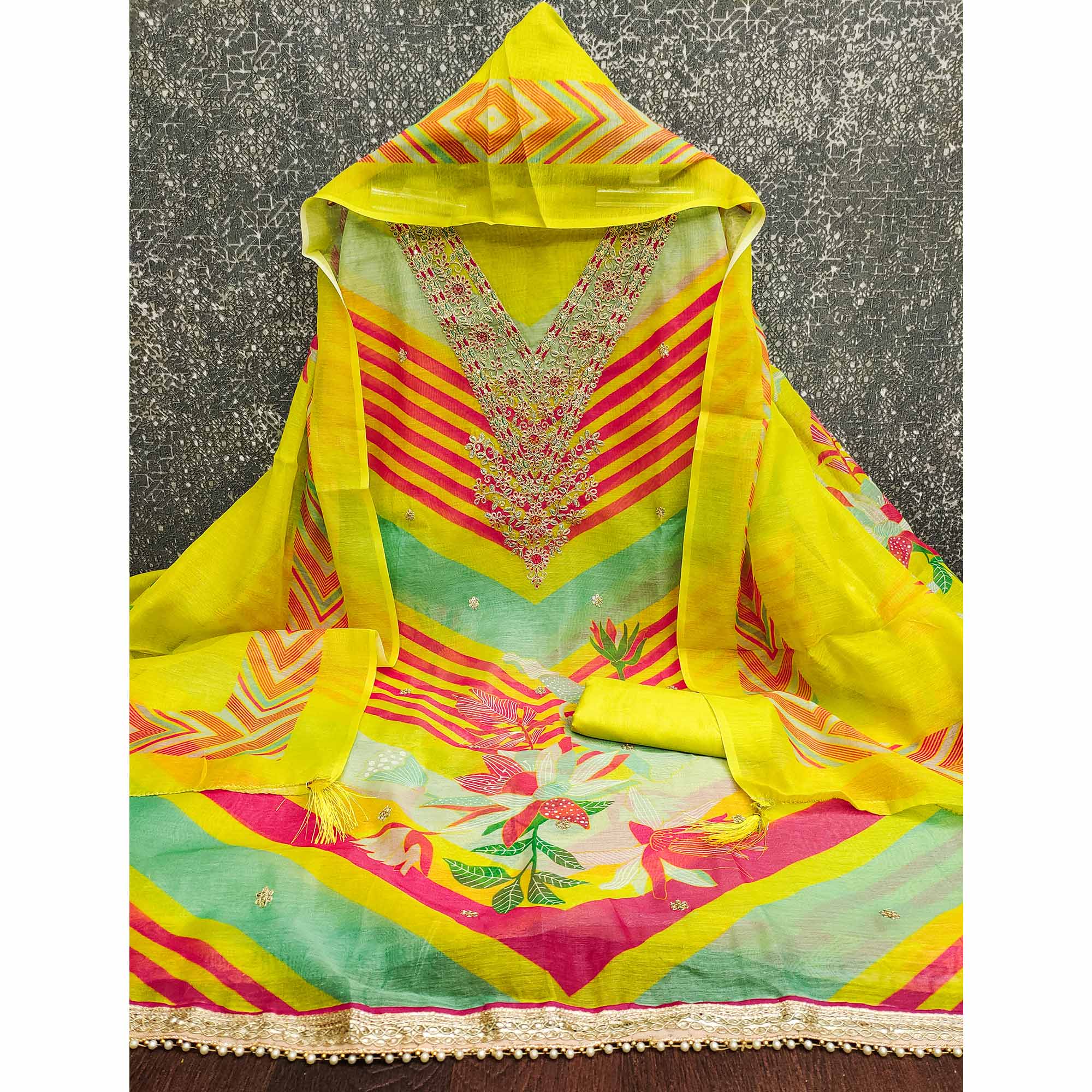 Lemon Green Floral Digital Printed With Cording Embroidered Vichitra Silk Dress Material