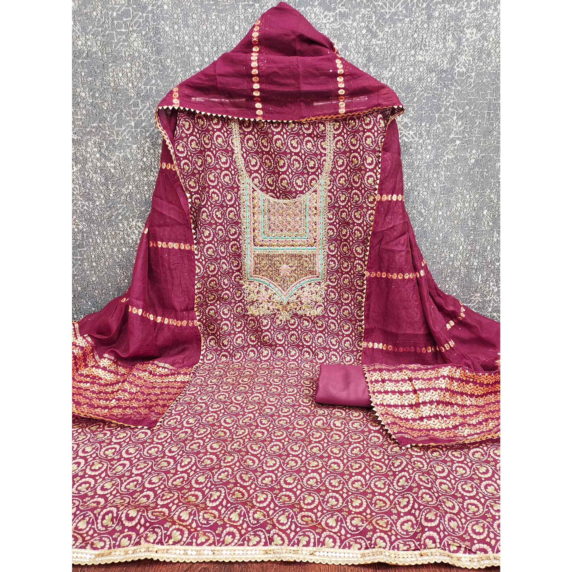 Elegant Dark Magenta Chanderi Silk Dress Material With Floral Print & Cording Embroidery