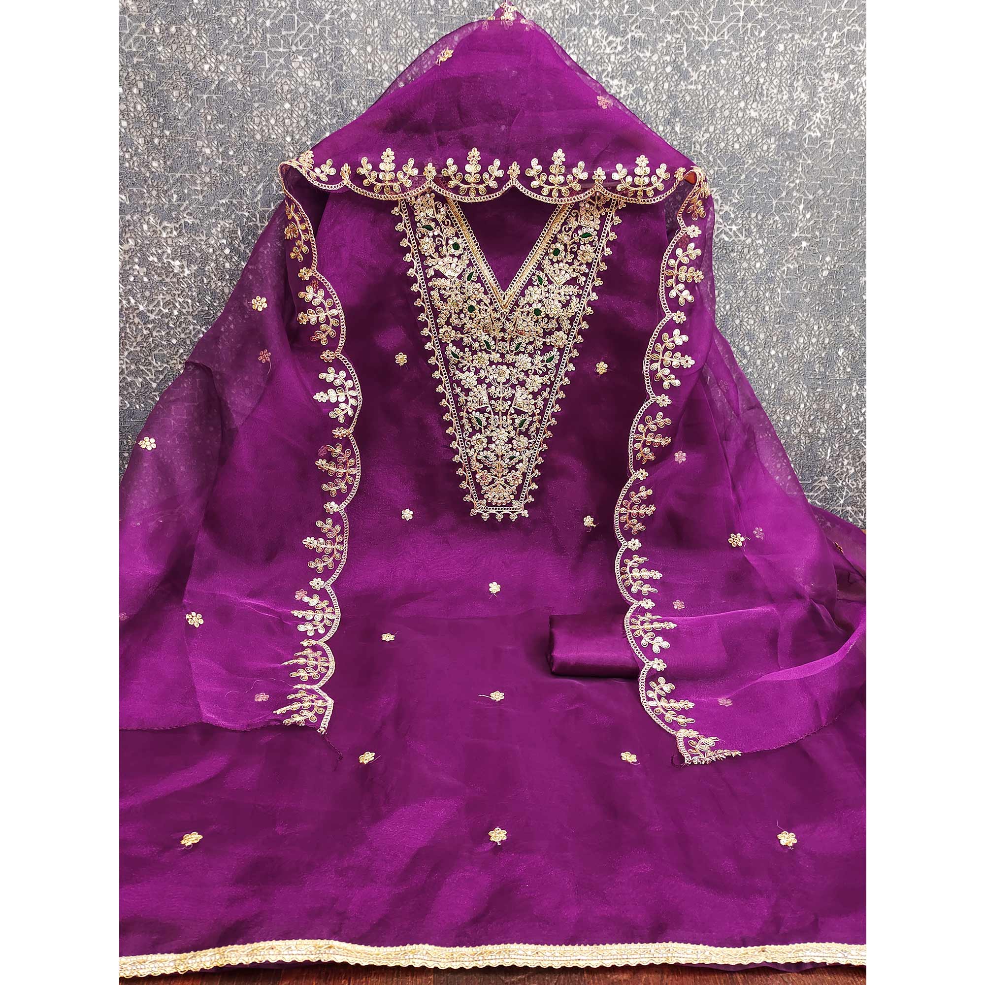 Purple Organza Fabric With Delicate Floral Cording Embroidery & Shimmering Sequins Work