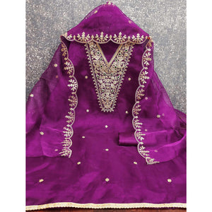 Purple Organza Fabric With Delicate Floral Cording Embroidery & Shimmering Sequins Work