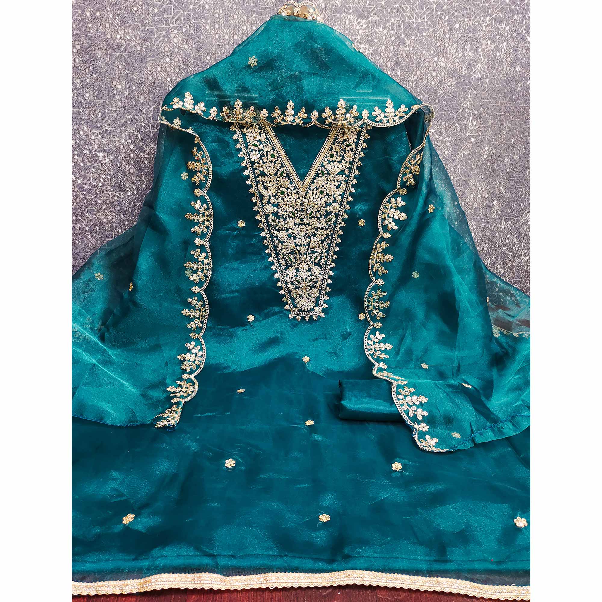 Rama Blue Organza Fabric With Delicate Floral Cording Embroidery & Shimmering Sequins Work