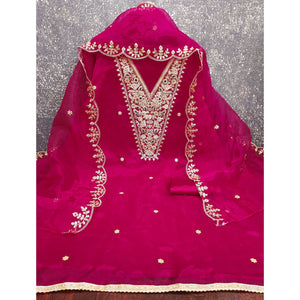 Rani pink Organza Fabric With Delicate Floral Cording Embroidery & Shimmering Sequins Work