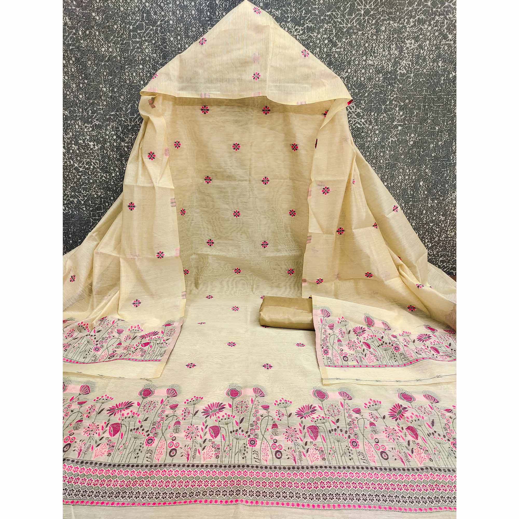 Cream and Magenta Dress Material Adorned with Floral Weaving on Chanderi Silk