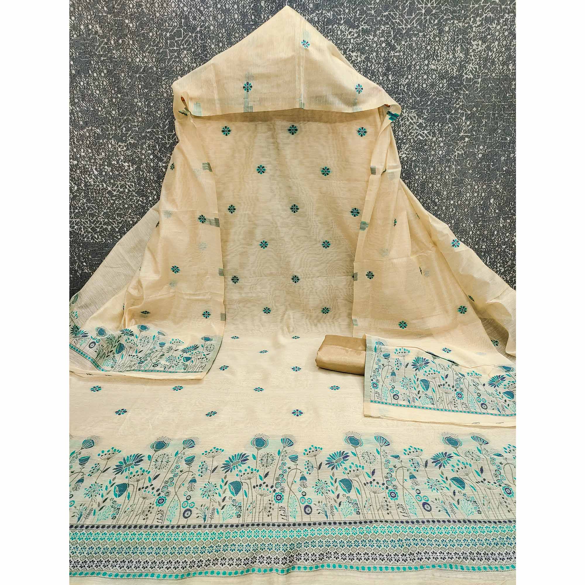 Cream and Blue Dress Material Adorned with Floral Weaving on Chanderi Silk