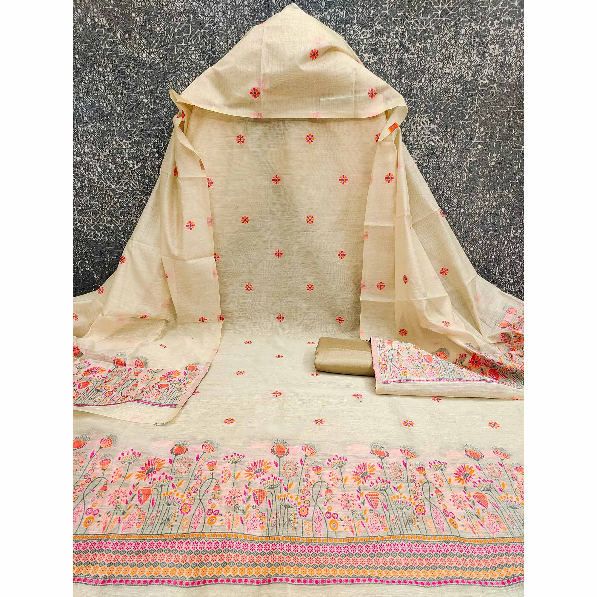 Cream and Pink Dress Material Adorned with Floral Weaving on Chanderi Silk