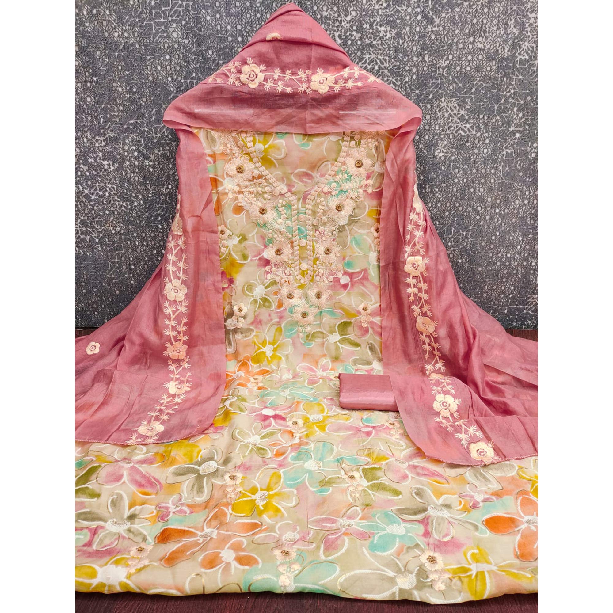 Cream & Pink Floral Printed Chanderi Silk Dress Material Adorned with Embroidery