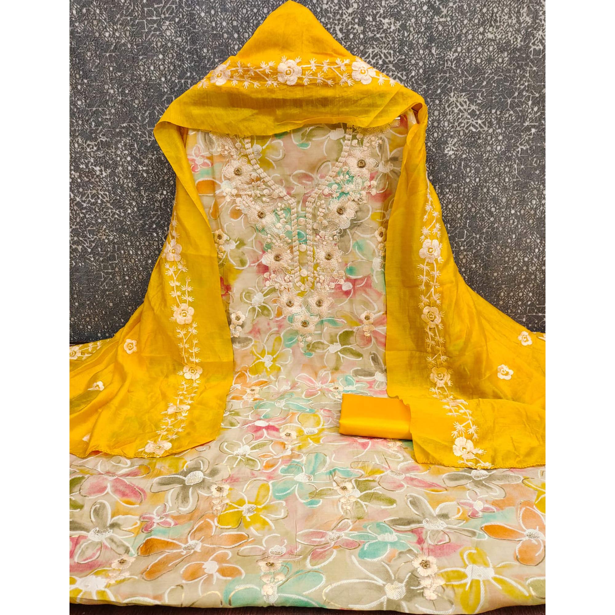 Cream & Yellow Floral Printed Chanderi Silk Dress Material Adorned with Embroidery