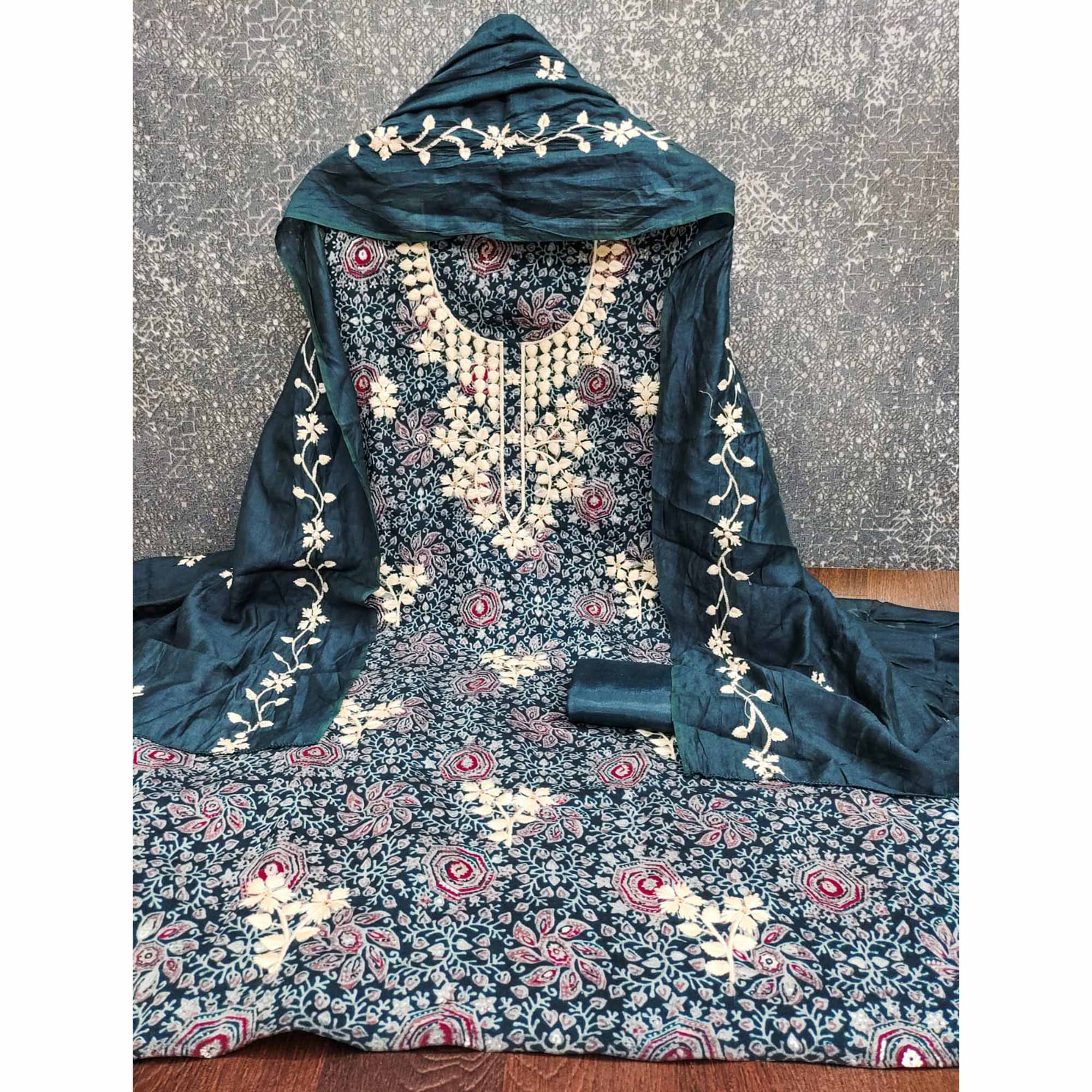 Blue Floral Printed Chanderi Silk Dress Material Adorned with Embroidery