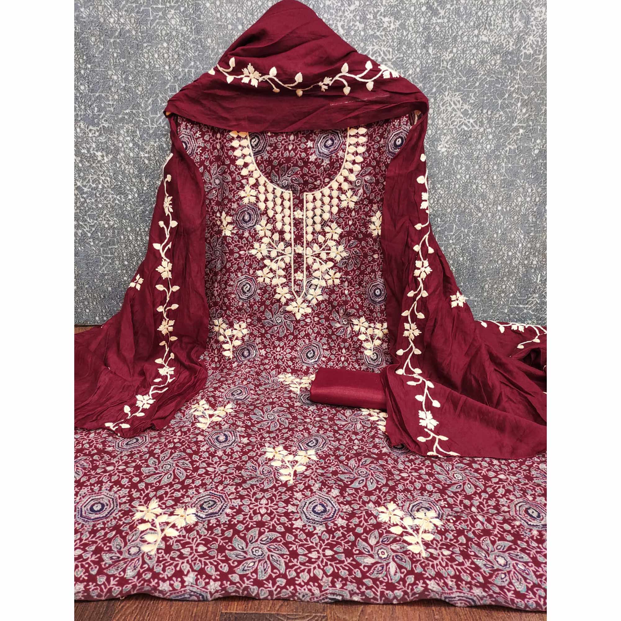 Maroon Floral Printed Chanderi Silk Dress Material Adorned with Embroidery