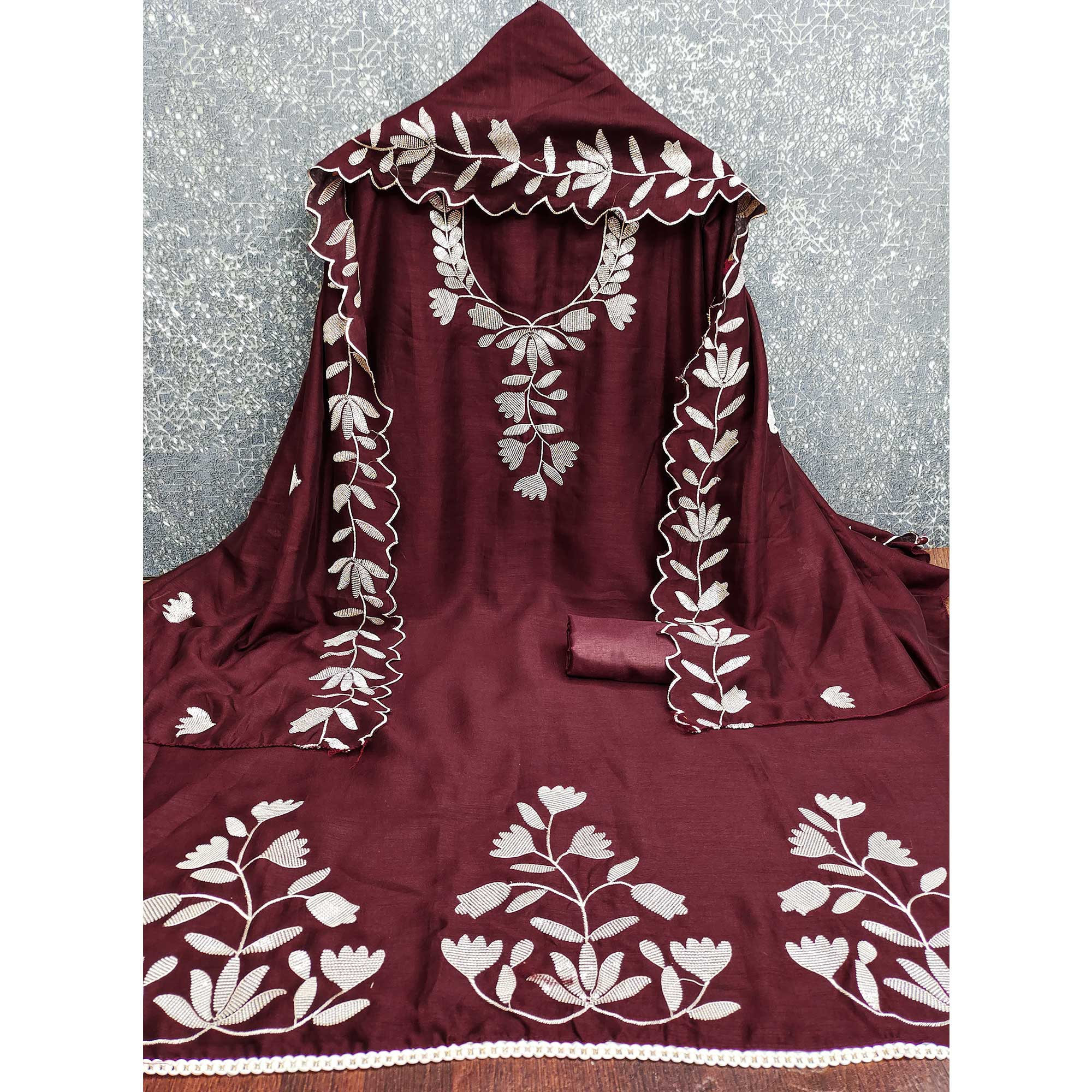 Maroon Vichitra Silk Dress Material With Delicate Floral Embroidery & Shimmering Sequins Work