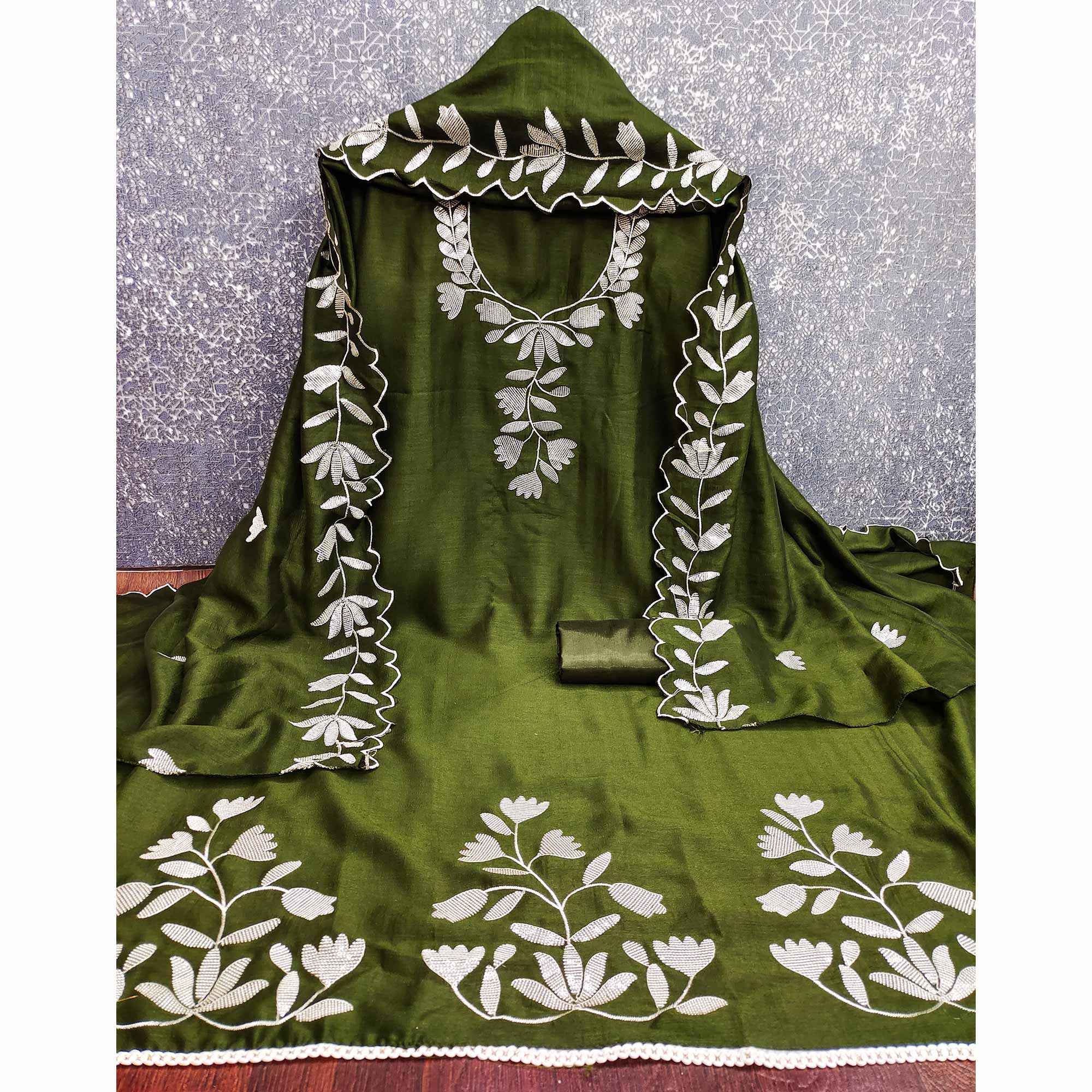 Mehendi Green Vichitra Silk Dress Material With Delicate Floral Embroidery & Shimmering Sequins