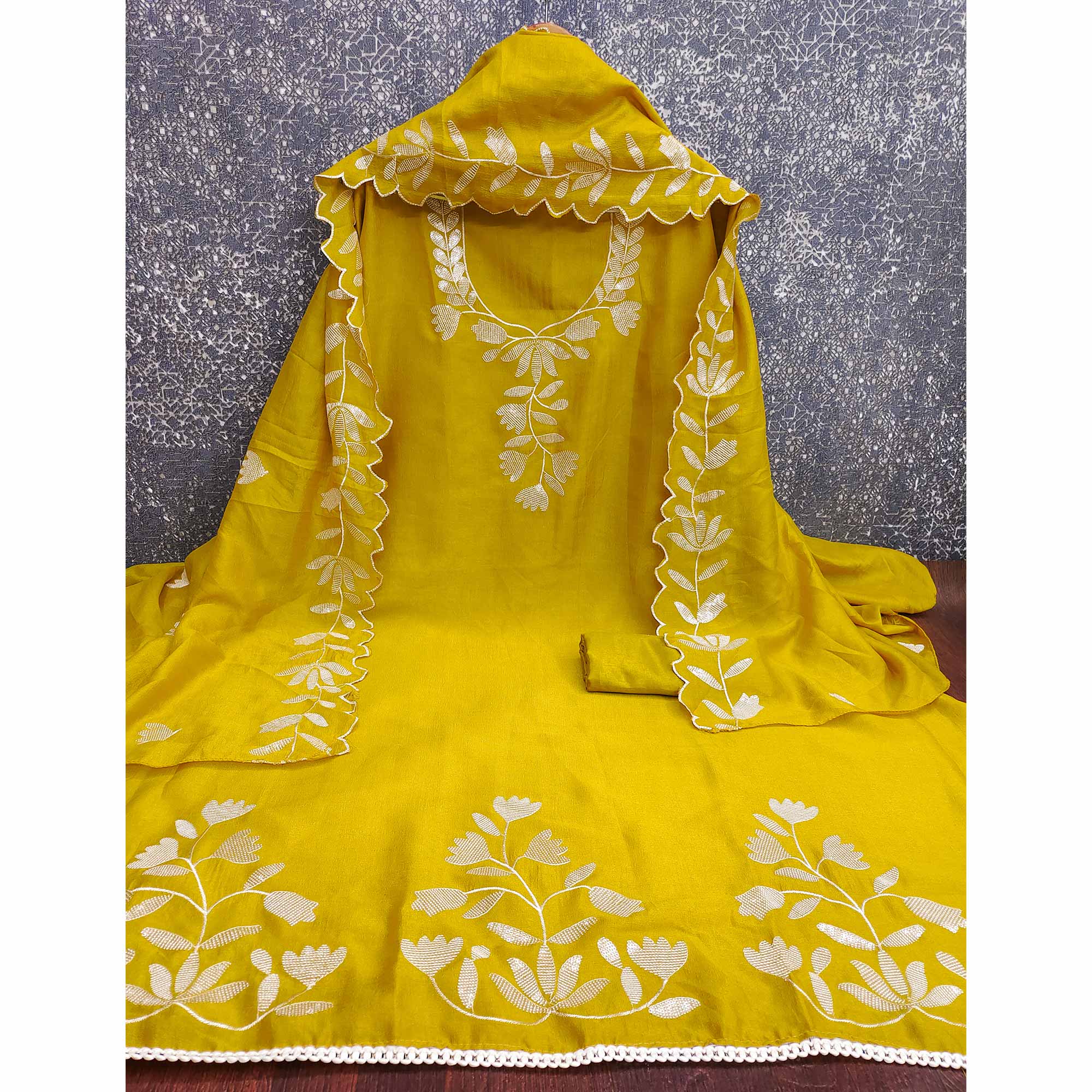 Mustard Vichitra Silk Dress Material With Delicate Floral Embroidery & Shimmering Sequins Work