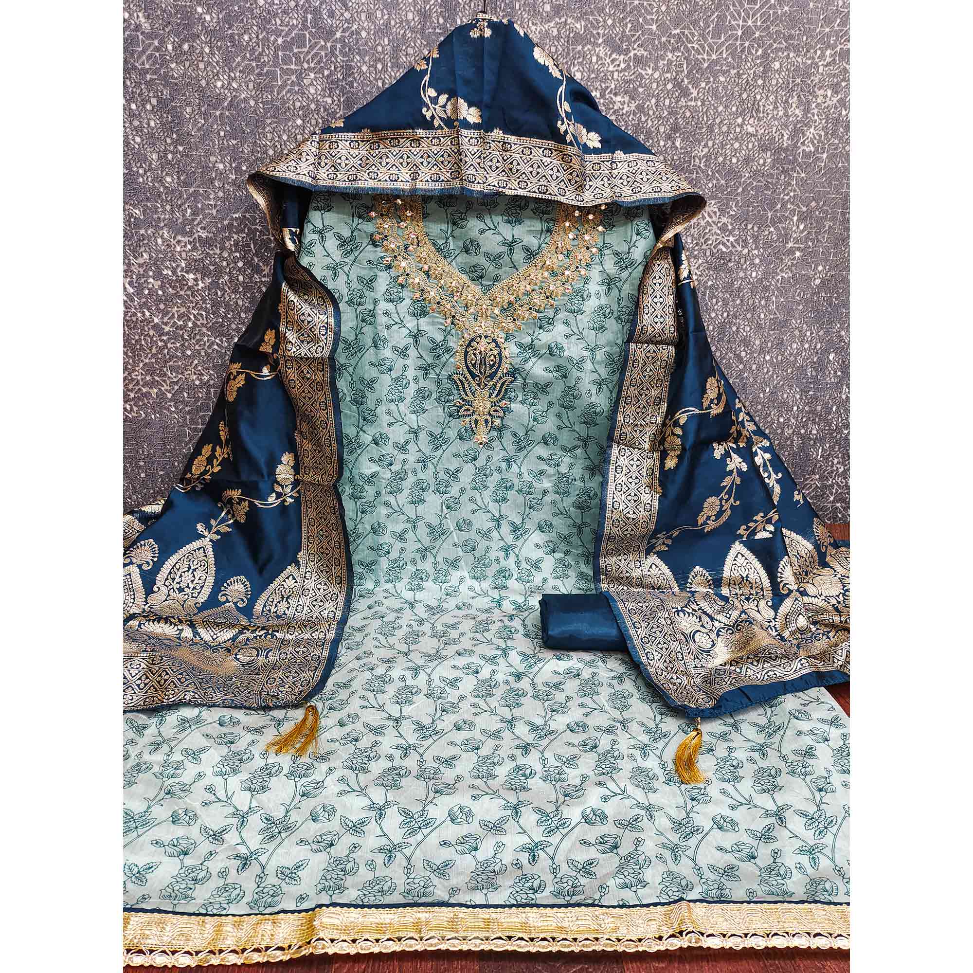 Blue Chanderi Silk Dress Material Featuring Floral Print & Cording Embroidered Detailing