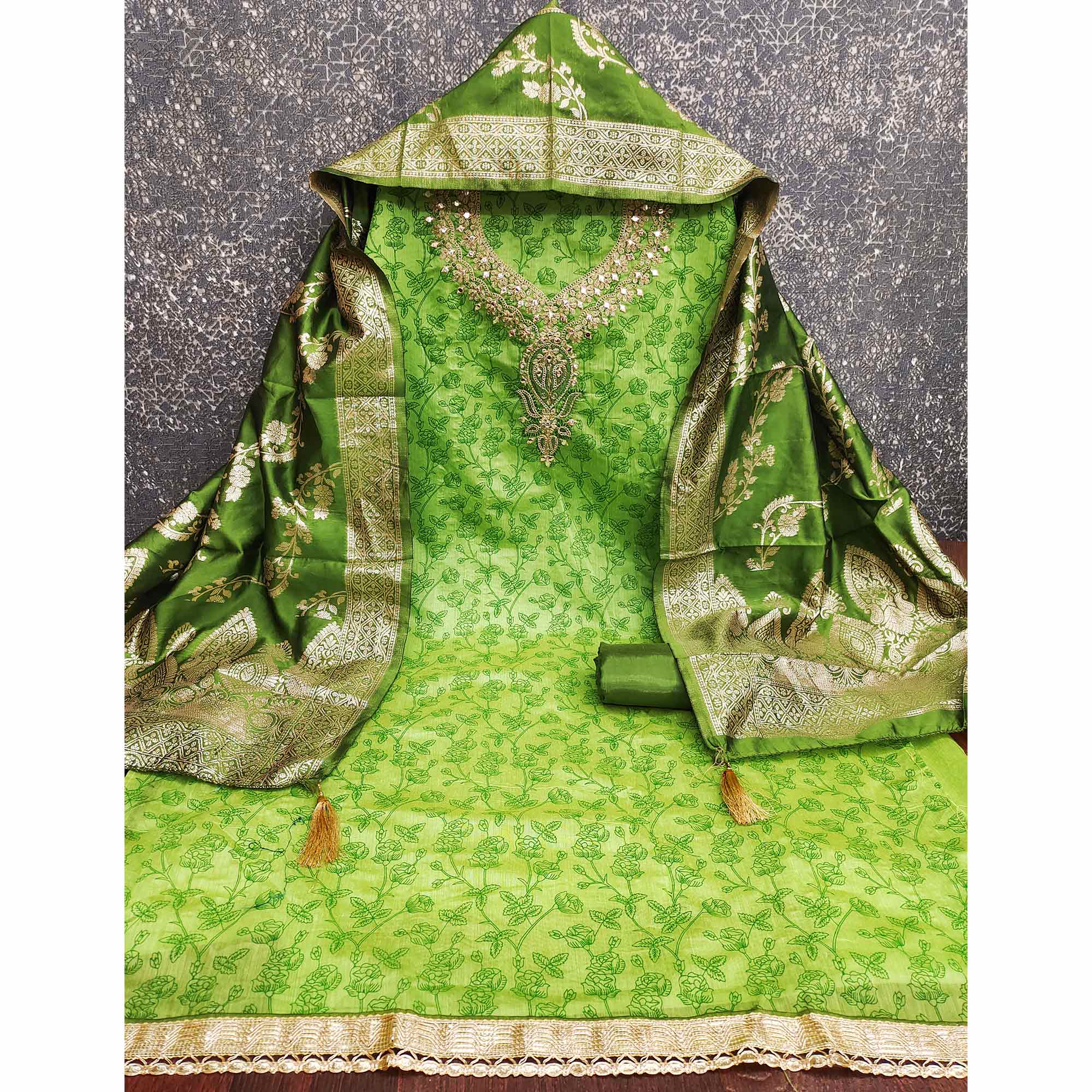 Green Chanderi Silk Dress Material Featuring Floral Print & Cording Embroidered Detailing