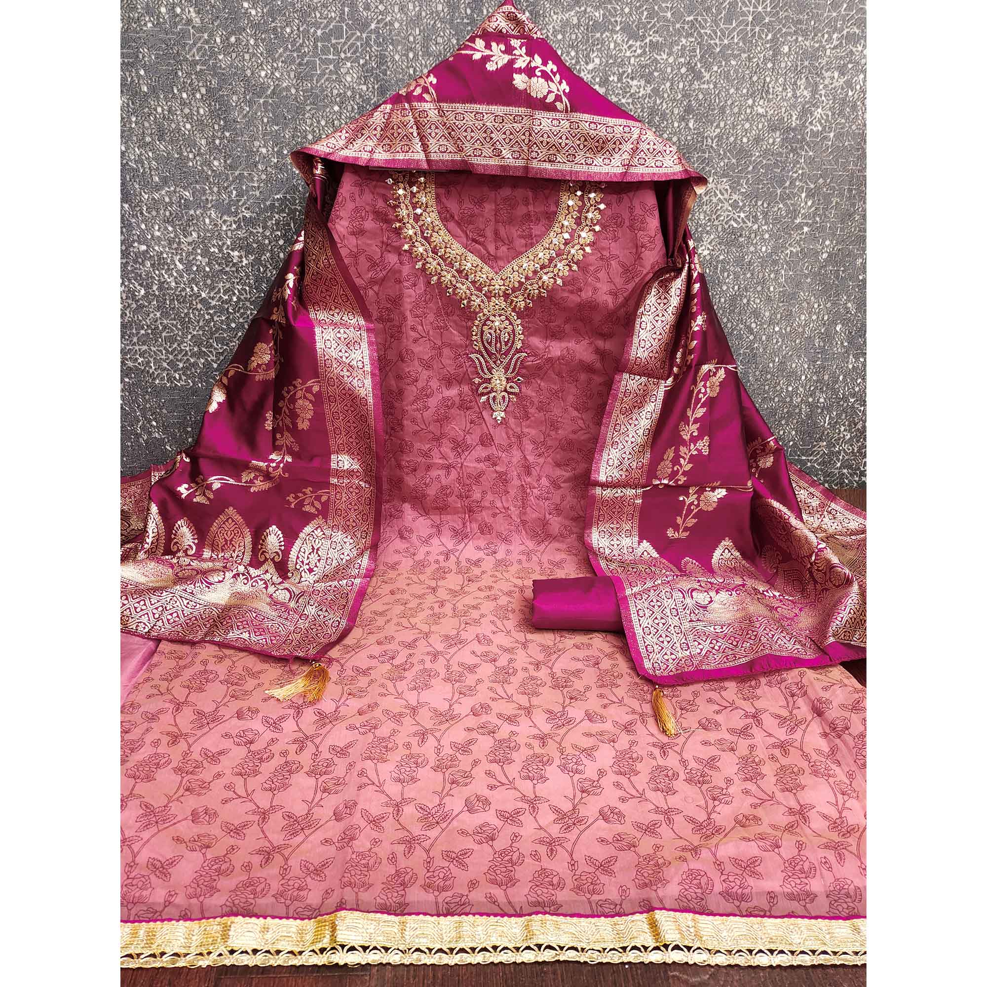 Pink Chanderi Silk Dress Material Featuring Floral Print & Cording Embroidered Detailing