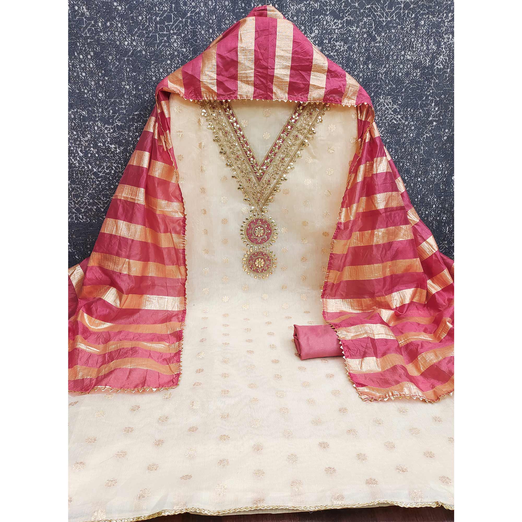 Cream & Pink Floral Butti Woven Shimmer Dress Material With Cording Embroidered Detailing