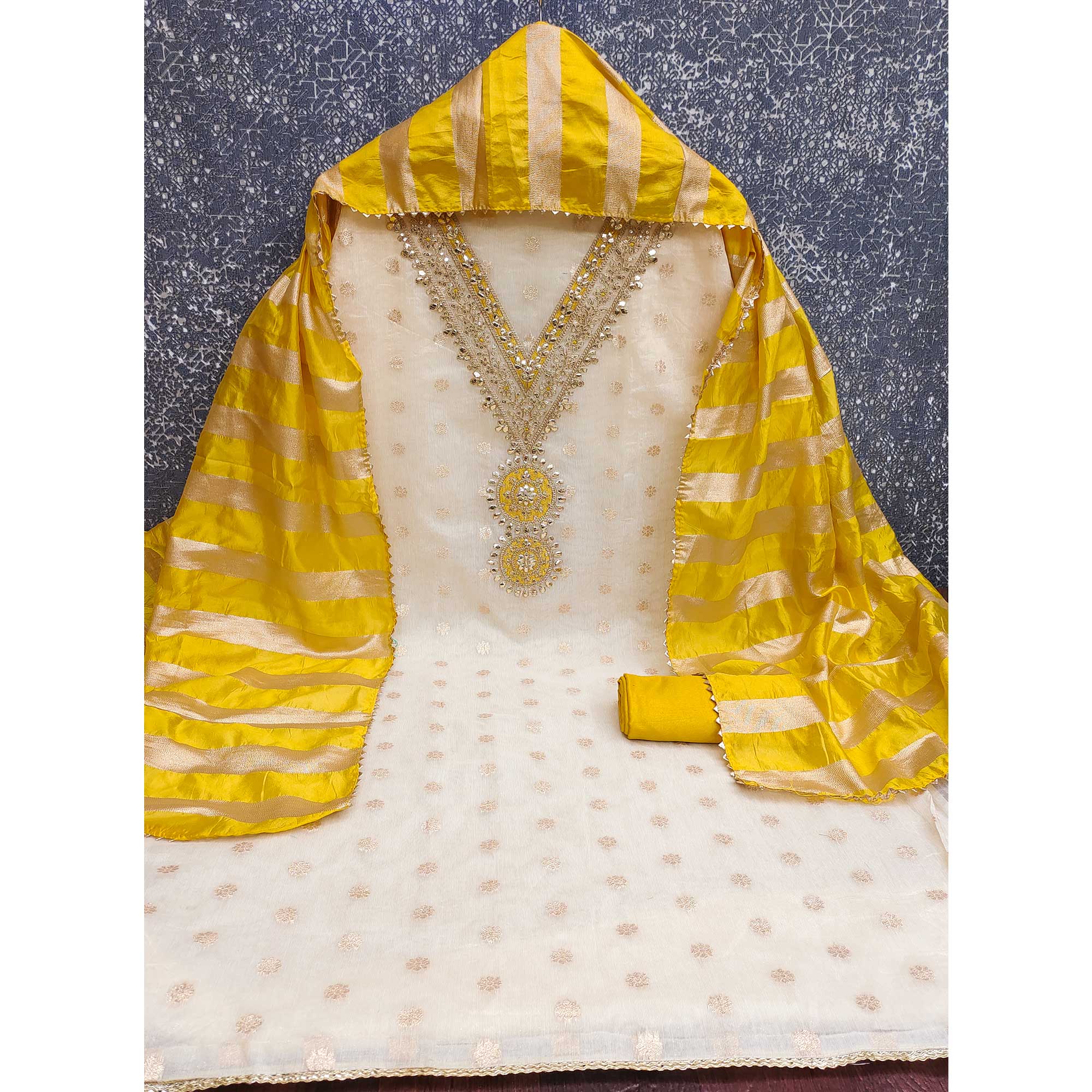 Cream & Yellow Floral Butti Woven Shimmer Dress Material With Cording Embroidered Detailing