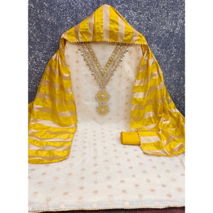 Cream & Yellow Floral Butti Woven Shimmer Dress Material With Cording Embroidered Detailing