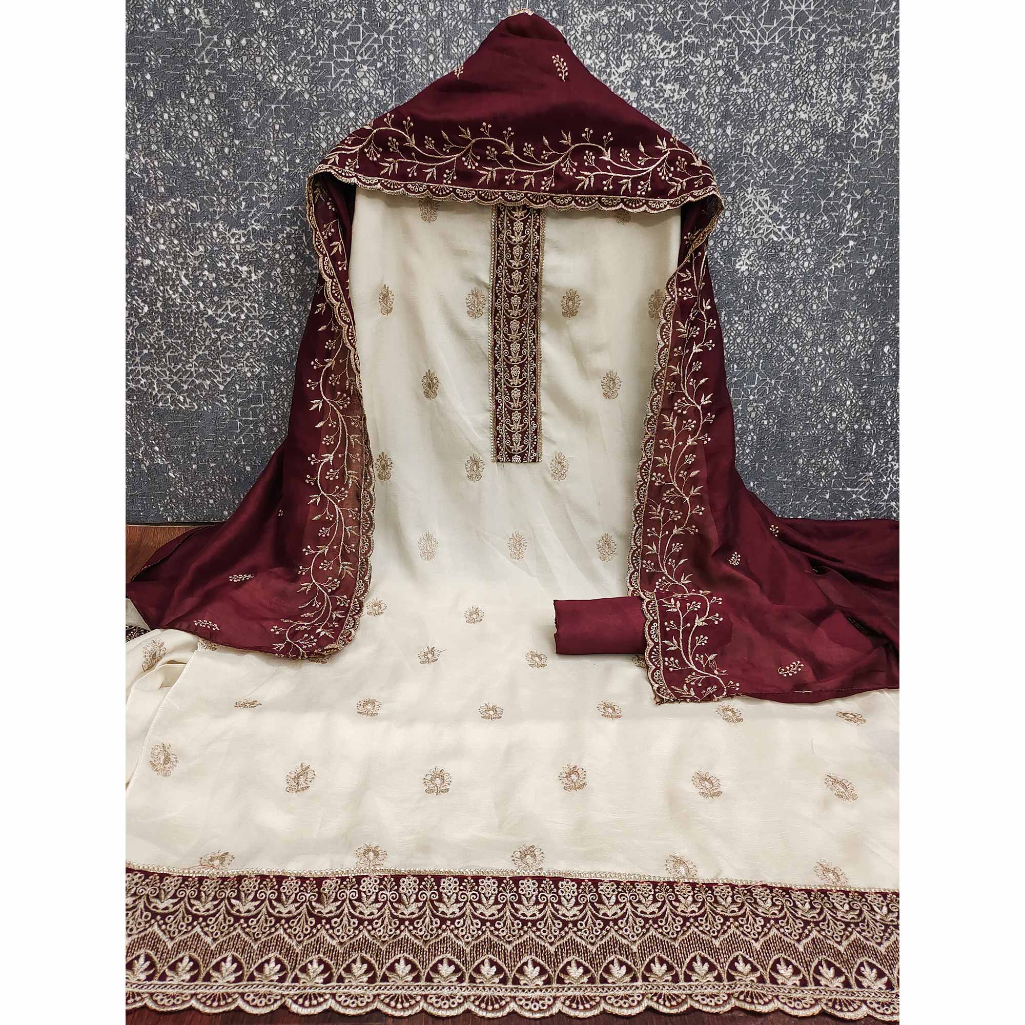 Cream & Maroon Vichitra Silk Dress Material Featuring Intricate Floral Zari Embroidery