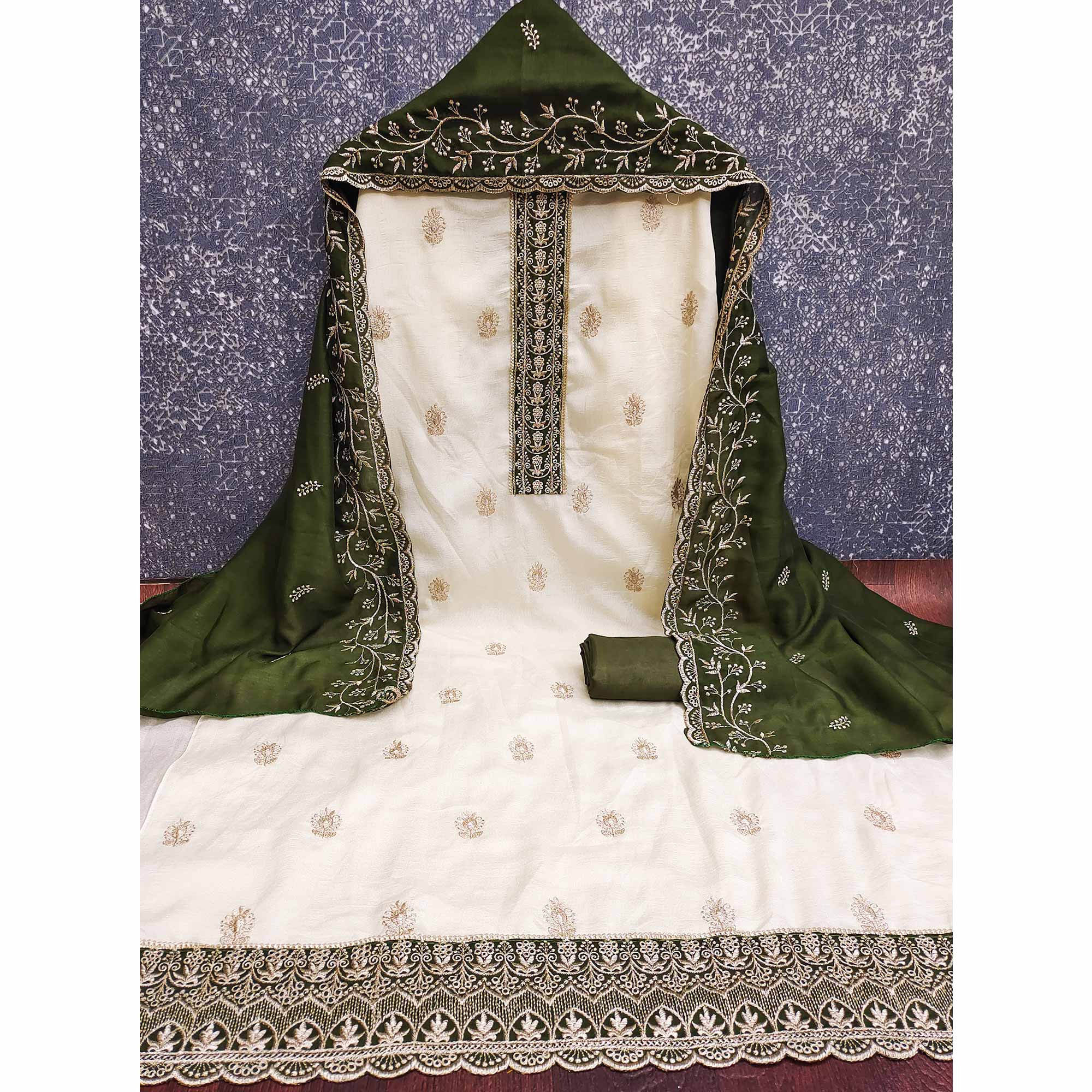 Cream & Mehendi Green Vichitra Silk Dress Material Featuring Intricate Floral Zari Embroidery
