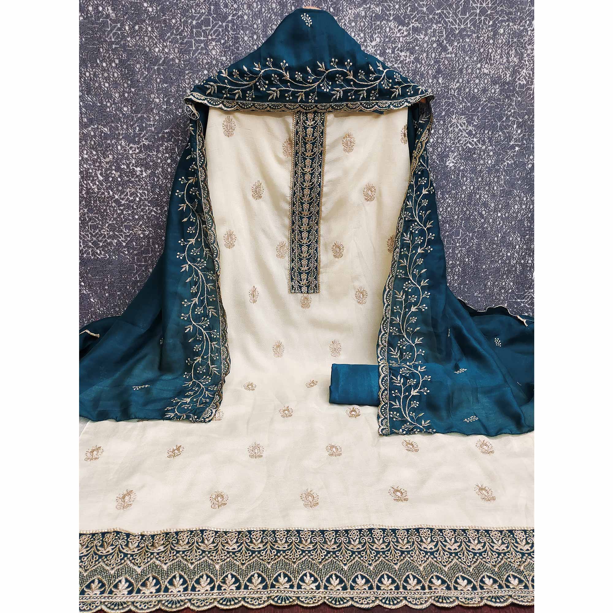 Cream & Morpich Vichitra Silk Dress Material Featuring Intricate Floral Zari Embroidery