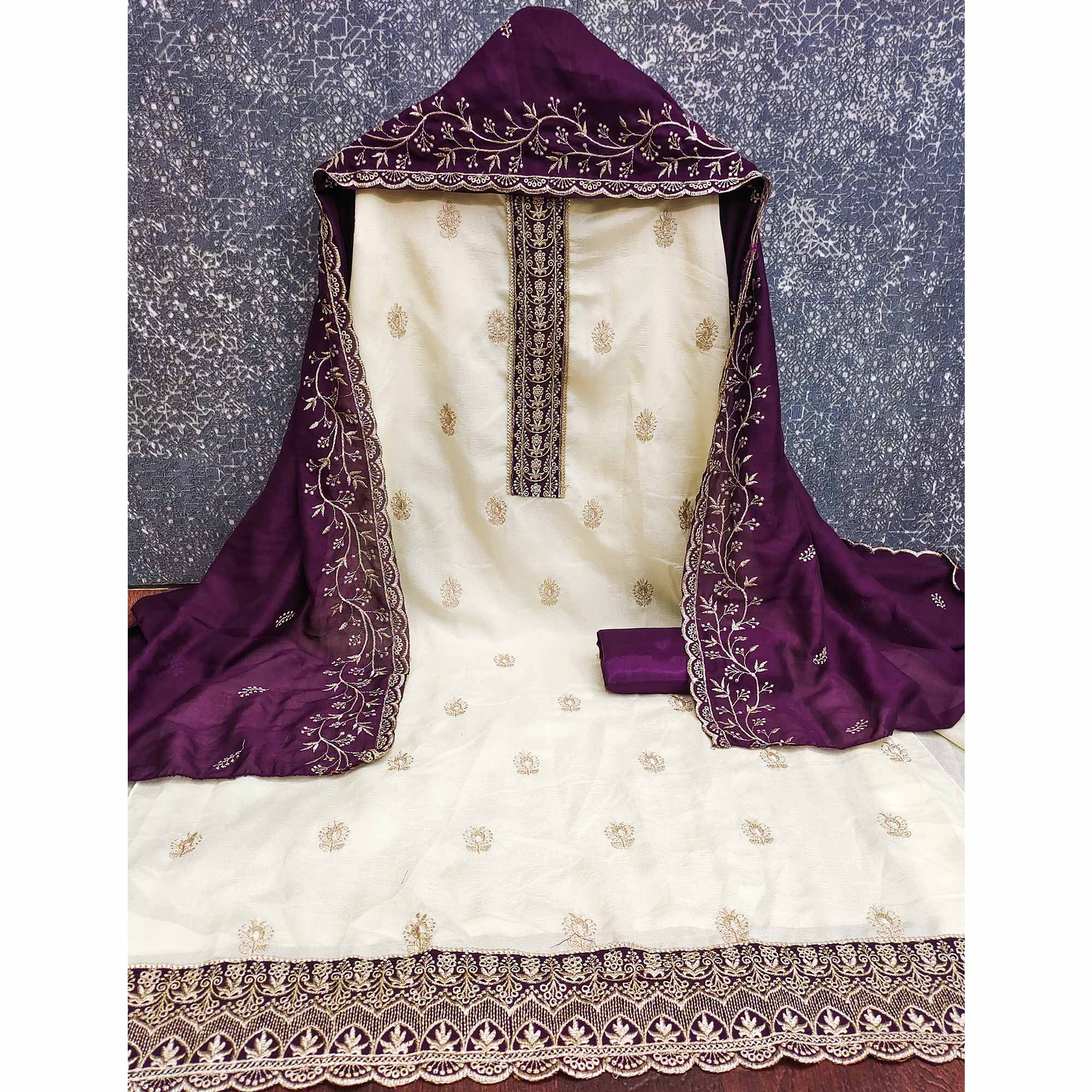 Cream & Purple Vichitra Silk Dress Material Featuring Intricate Floral Zari Embroidery