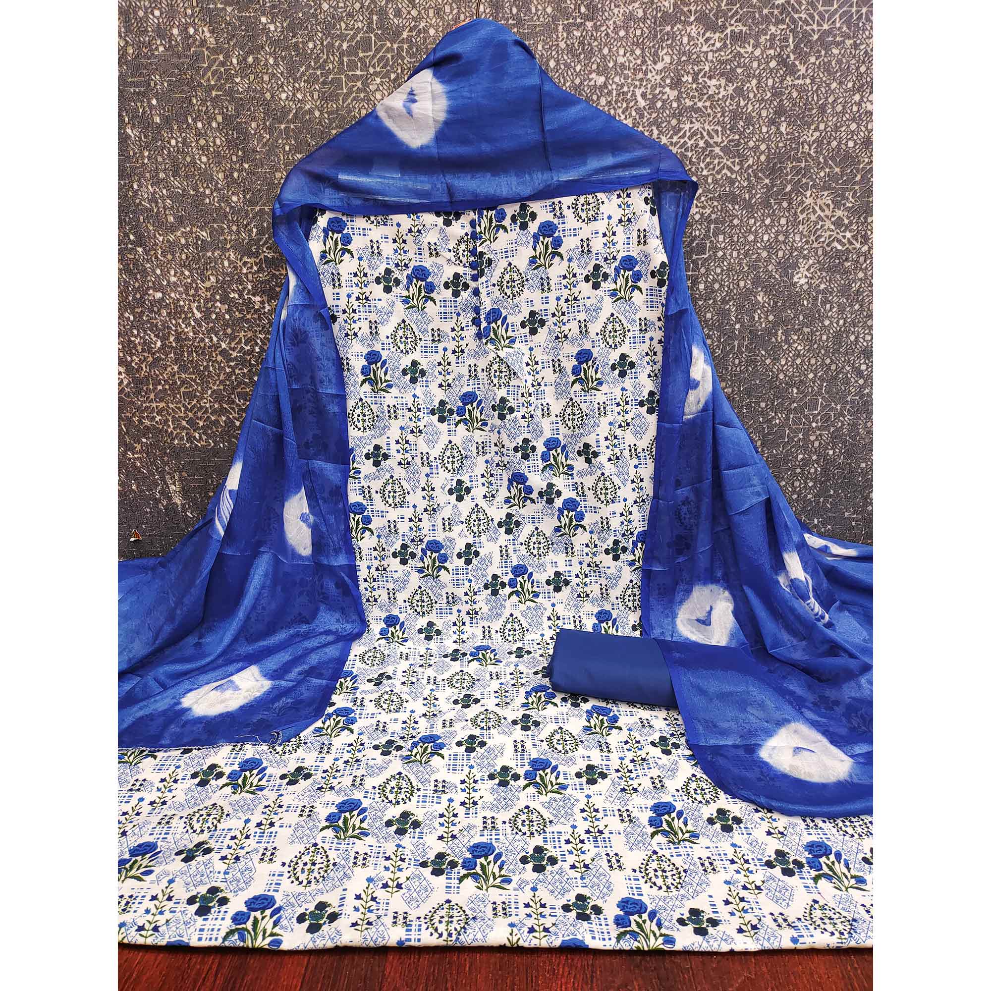 Lightweight Cream & Blue Cotton Dress Material with Beautiful Floral Print Detailing