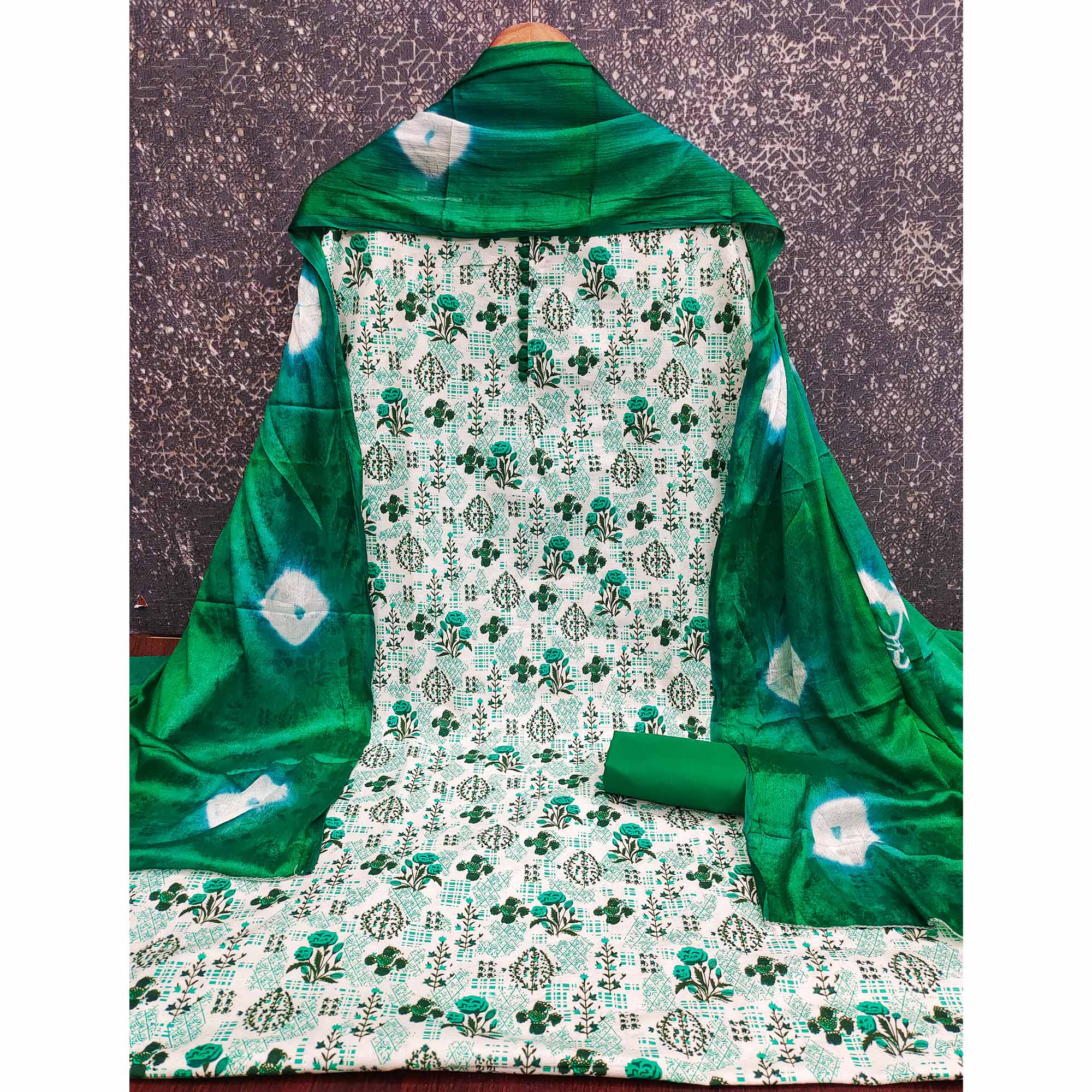 Lightweight Cream & Green Cotton Dress Material with Beautiful Floral Print Detailing