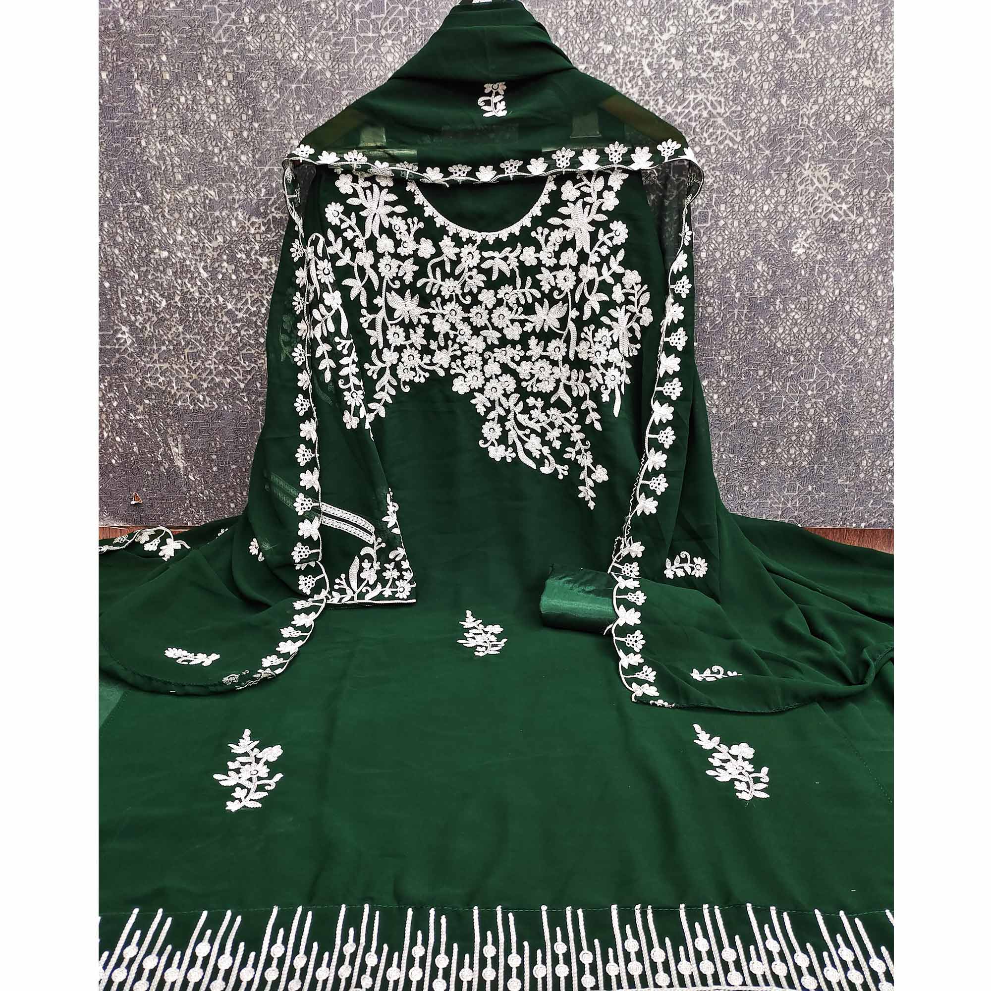 Designer Dark Green Floral Embroidered Georgette Material for Stylish Dresses and Outfits