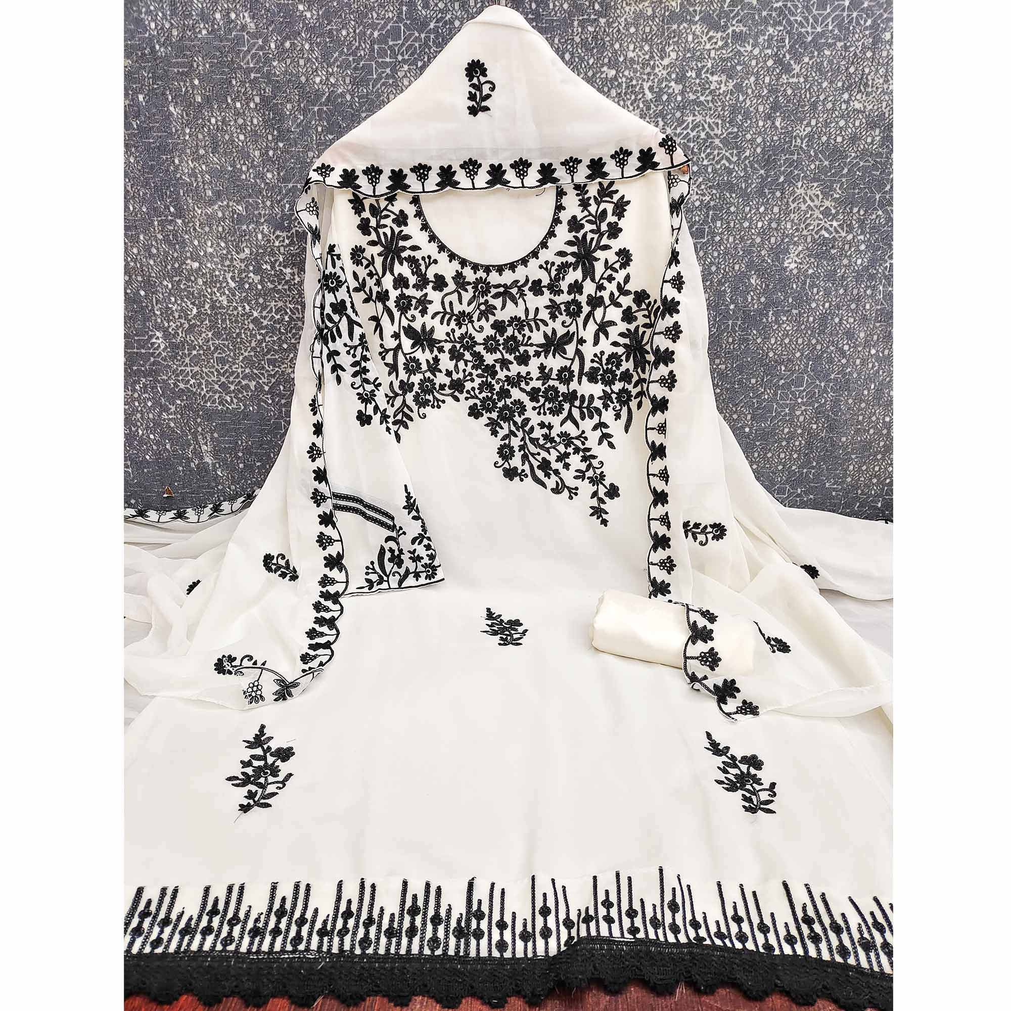 Designer White Floral Embroidered Georgette Material for Stylish Dresses and Outfits