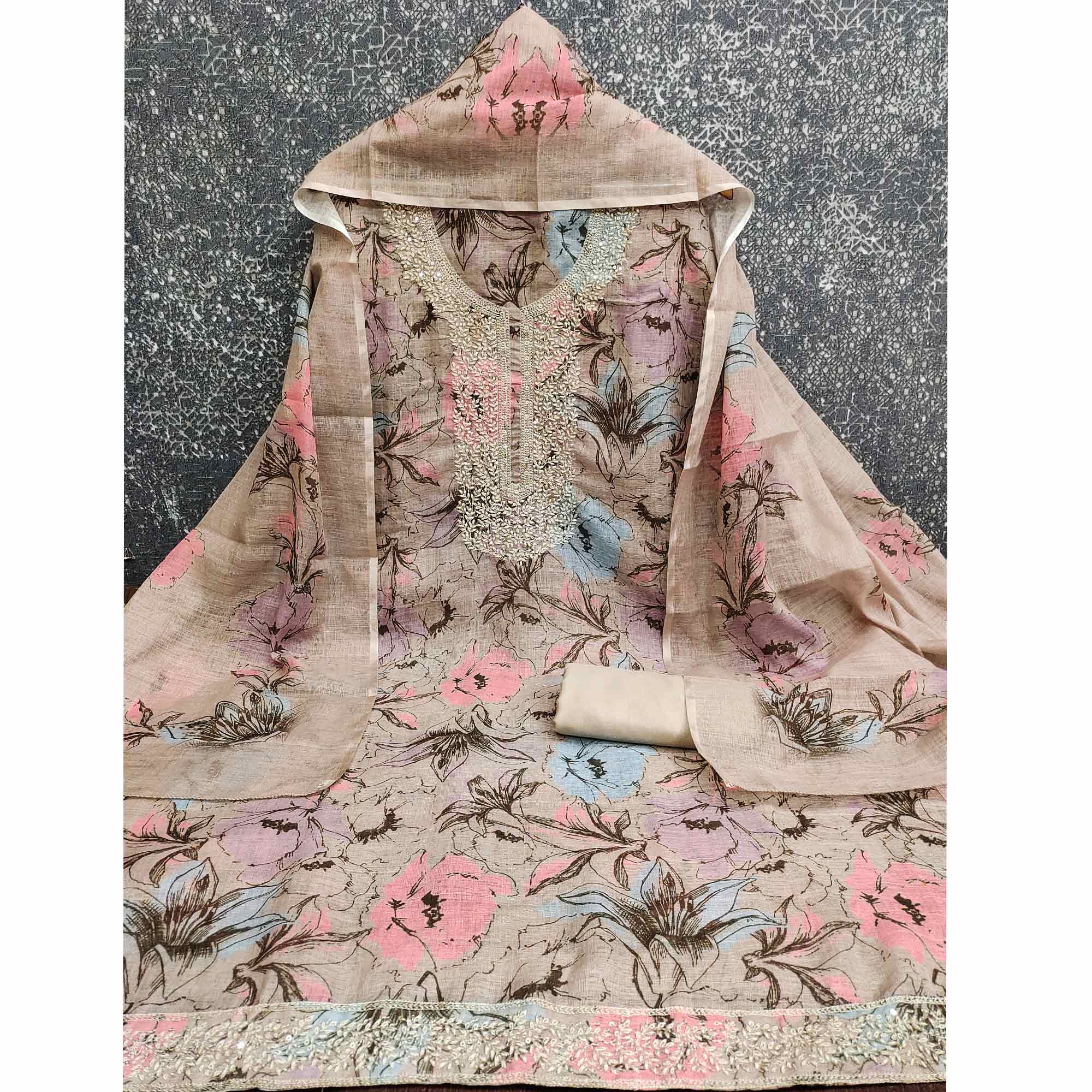 Brown Floral Digital Printed Cotton Blend Dress Material With Sparkling Sequins Embroidery