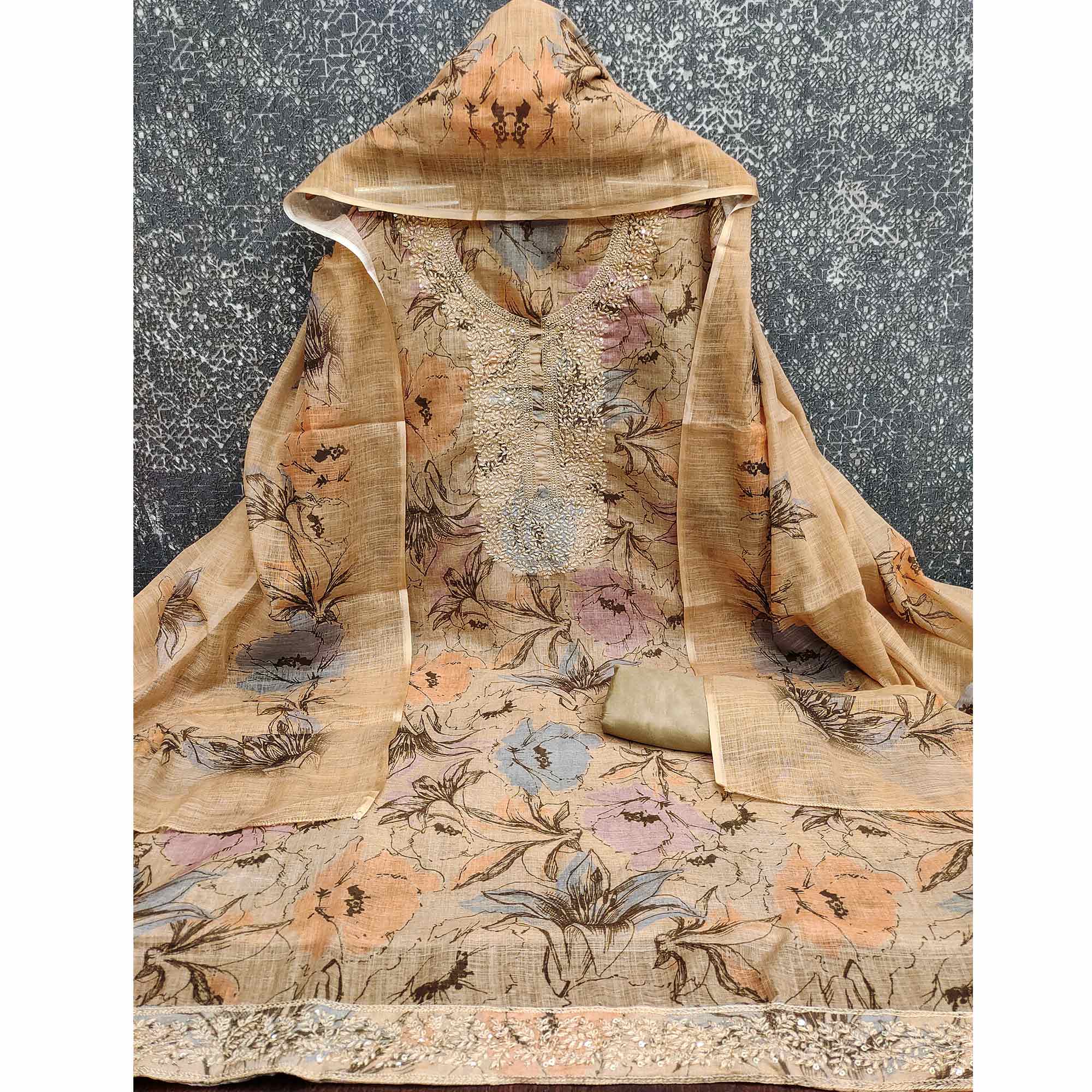 Chikoo Floral Digital Printed Cotton Blend Dress Material With Sparkling Sequins Embroidery