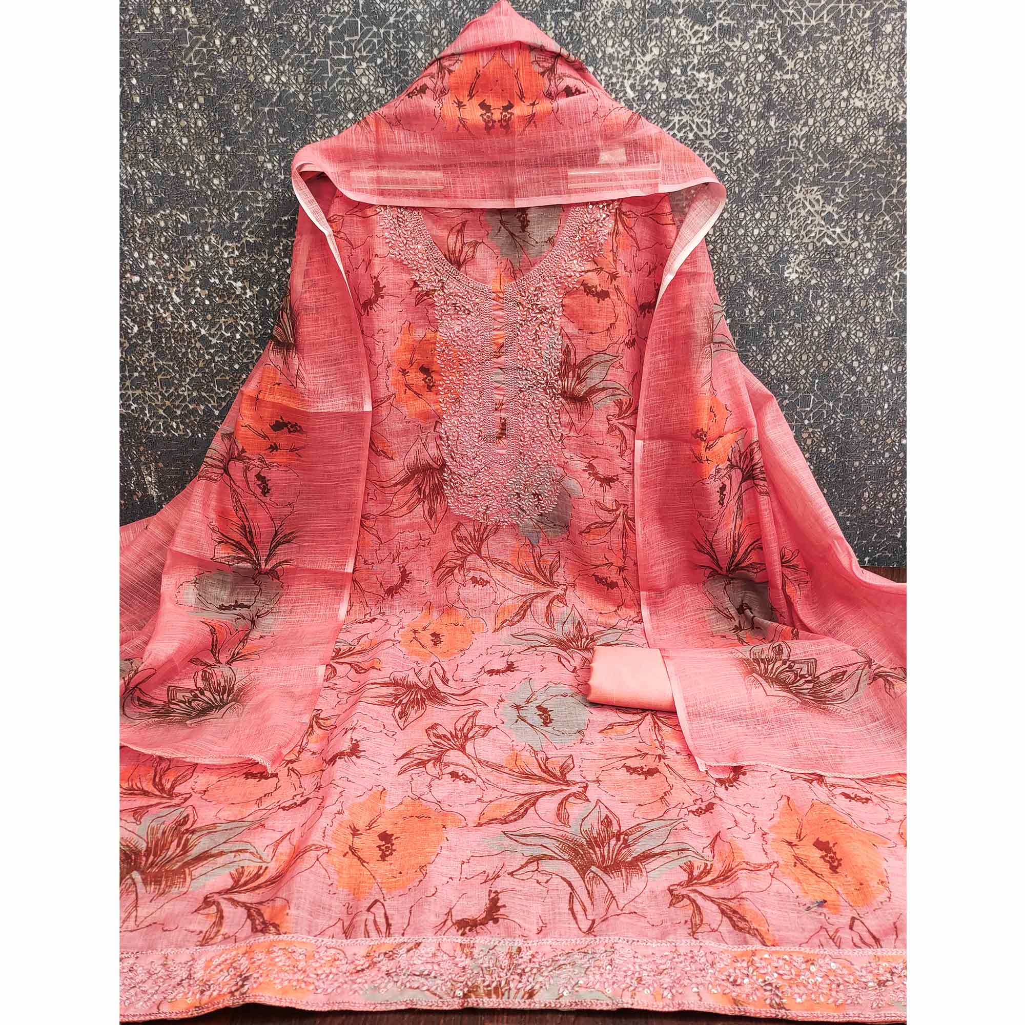 Pink Floral Digital Printed Cotton Blend Dress Material With Sparkling Sequins Embroidery