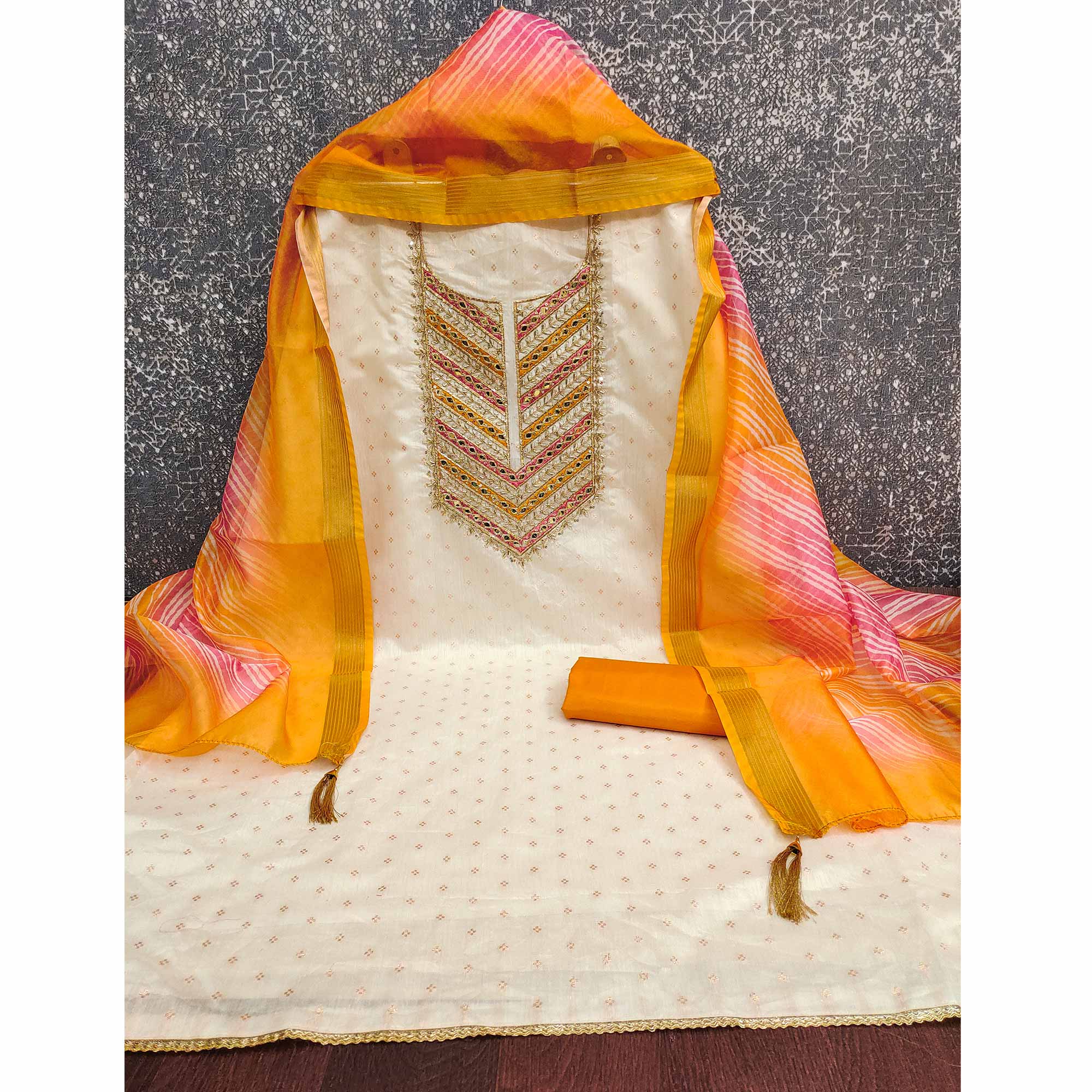 Offwhite & Orange Butti Weaving Chanderi Silk Dress Material Enhanced With Cording Embroidery