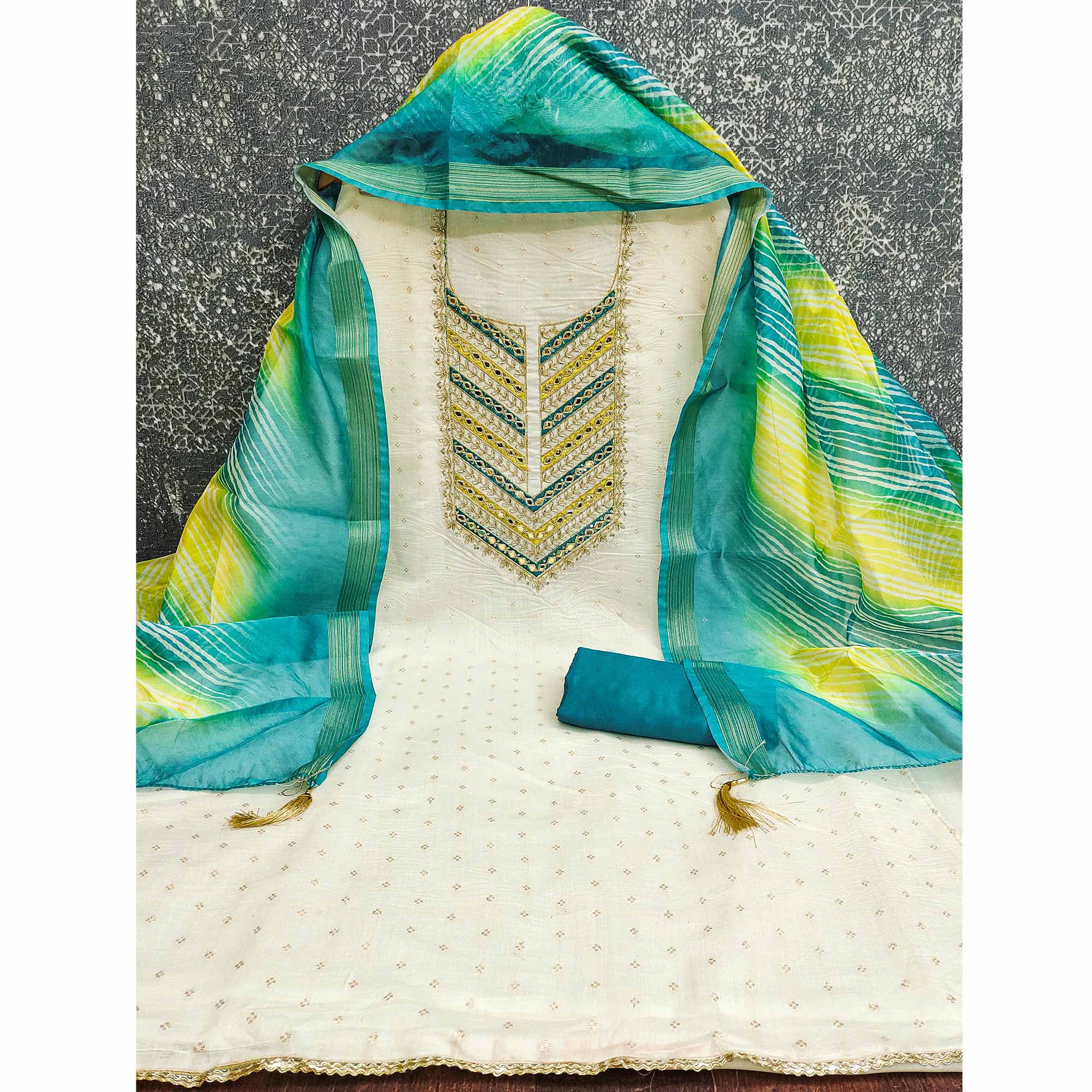 Offwhite & Turquoise Butti Weaving Chanderi Silk Dress Material Enhanced With Cording Embroidery