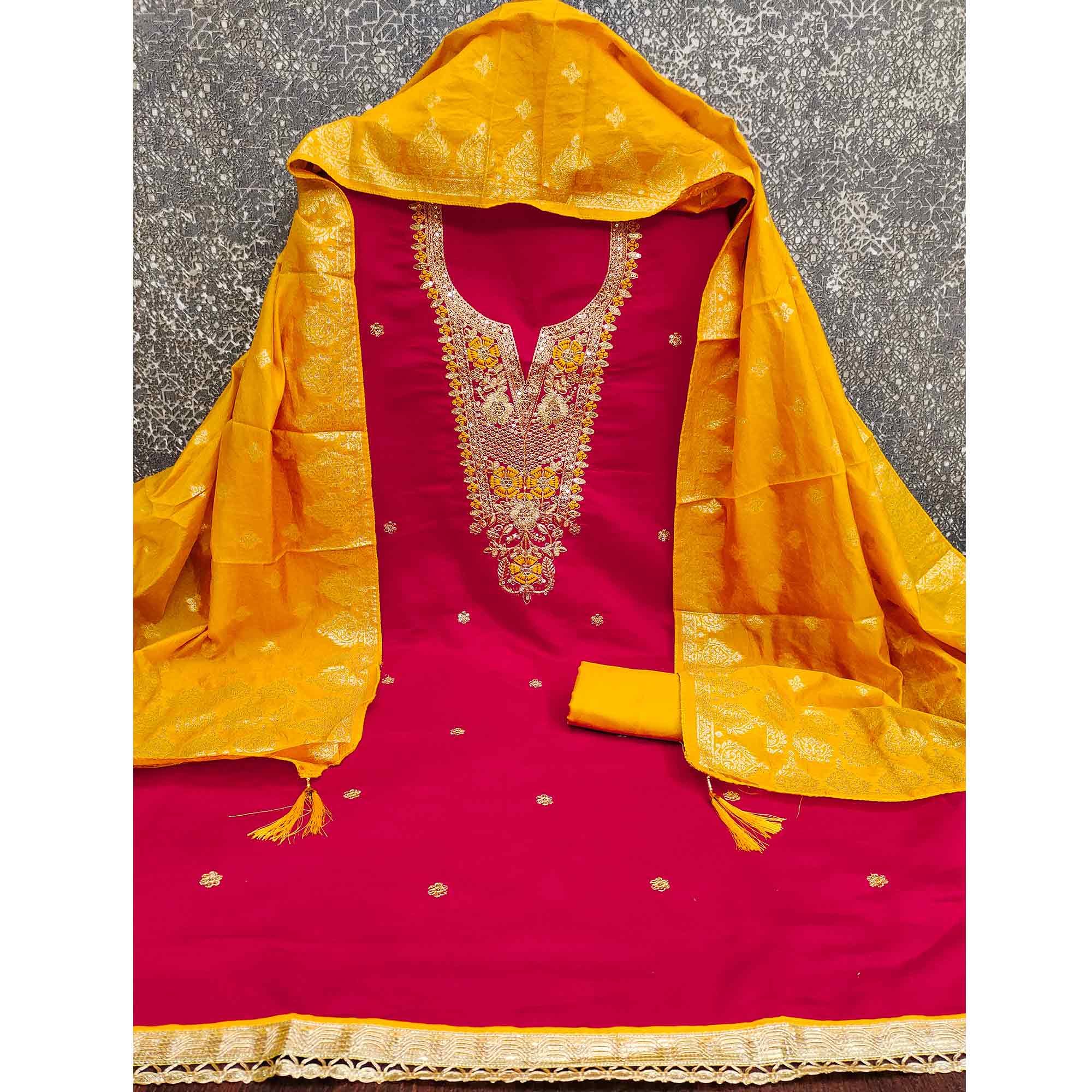 Graceful Pink Silk Blend Dress Material Featuring Floral Cording Embroidery With Sequins Detailing