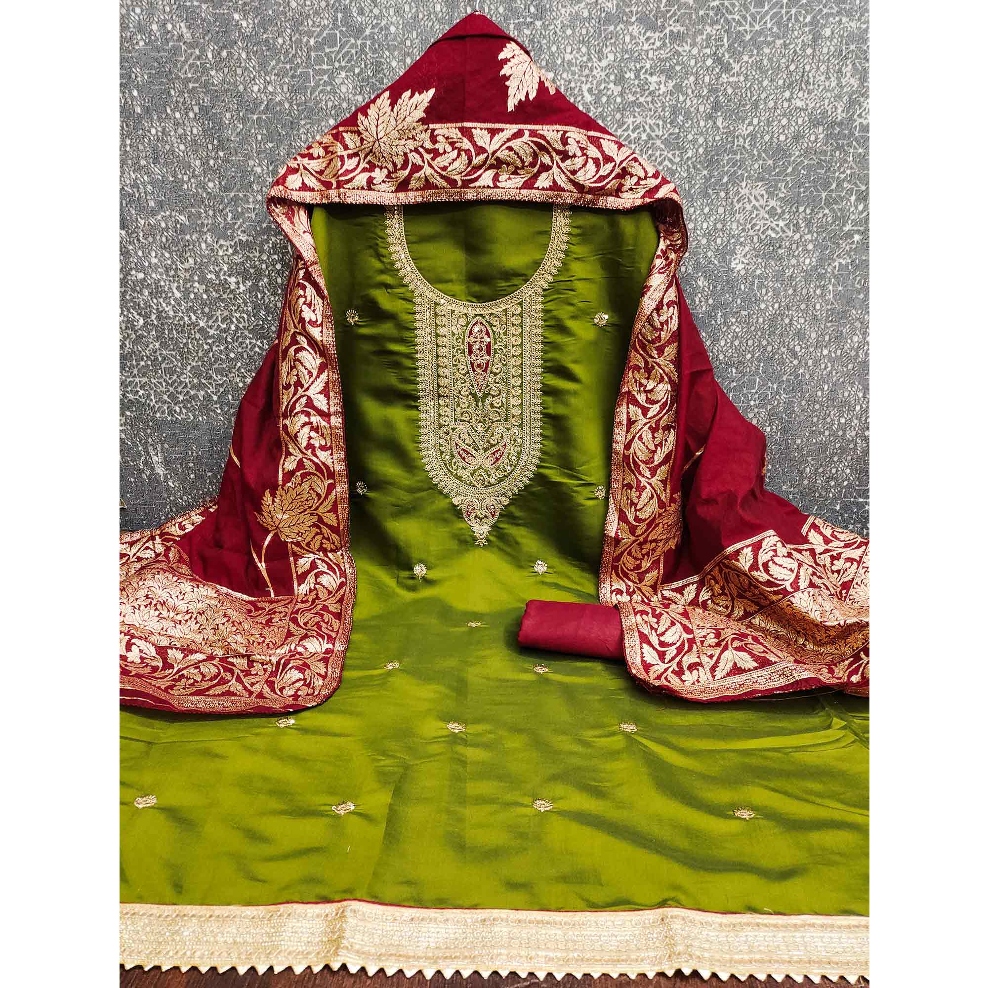 Stylish Green Floral Cording Embroidered Silk Blend Dress Material Accented With Sequins Work