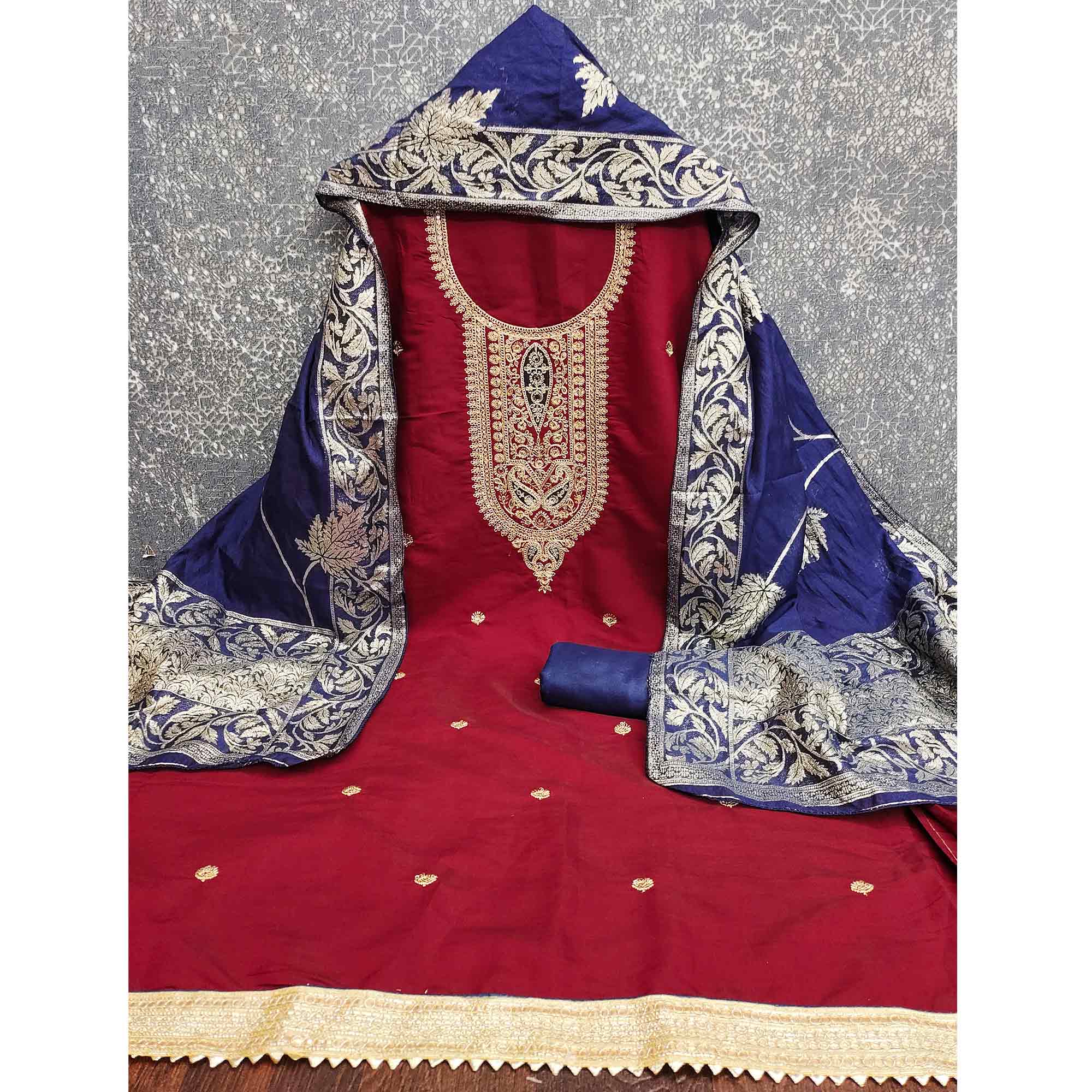 Stylish Maroon Floral Cording Embroidered Silk Blend Dress Material Accented With Sequins Work